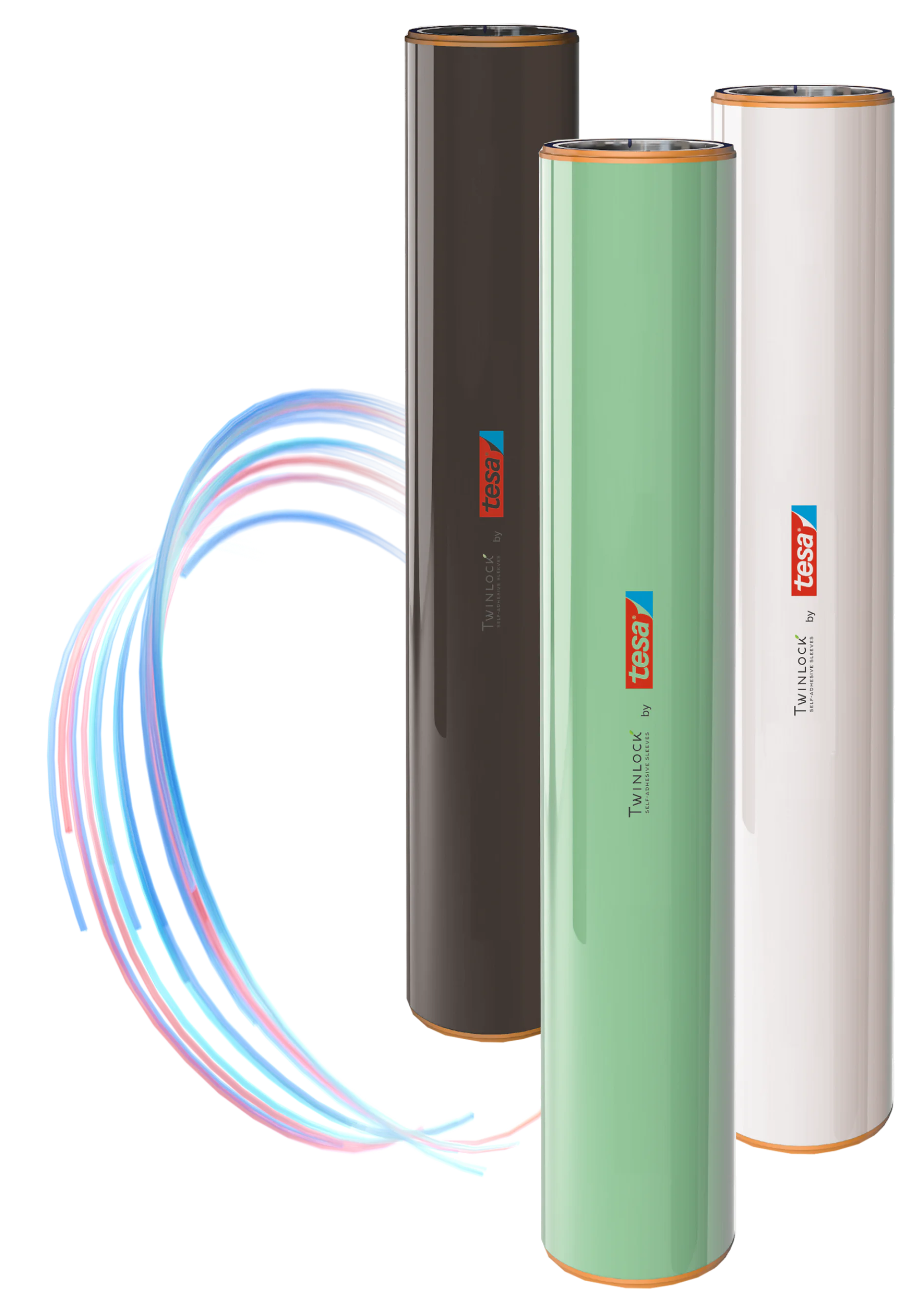 Three cylindrical rolls of tesa tape in brown, green, and white stand vertically. The rolls bear a logo and text. Colorful, curved streaks extend from the left side, resembling flowing lines of light. The background is white. (This text has been generated by AI)