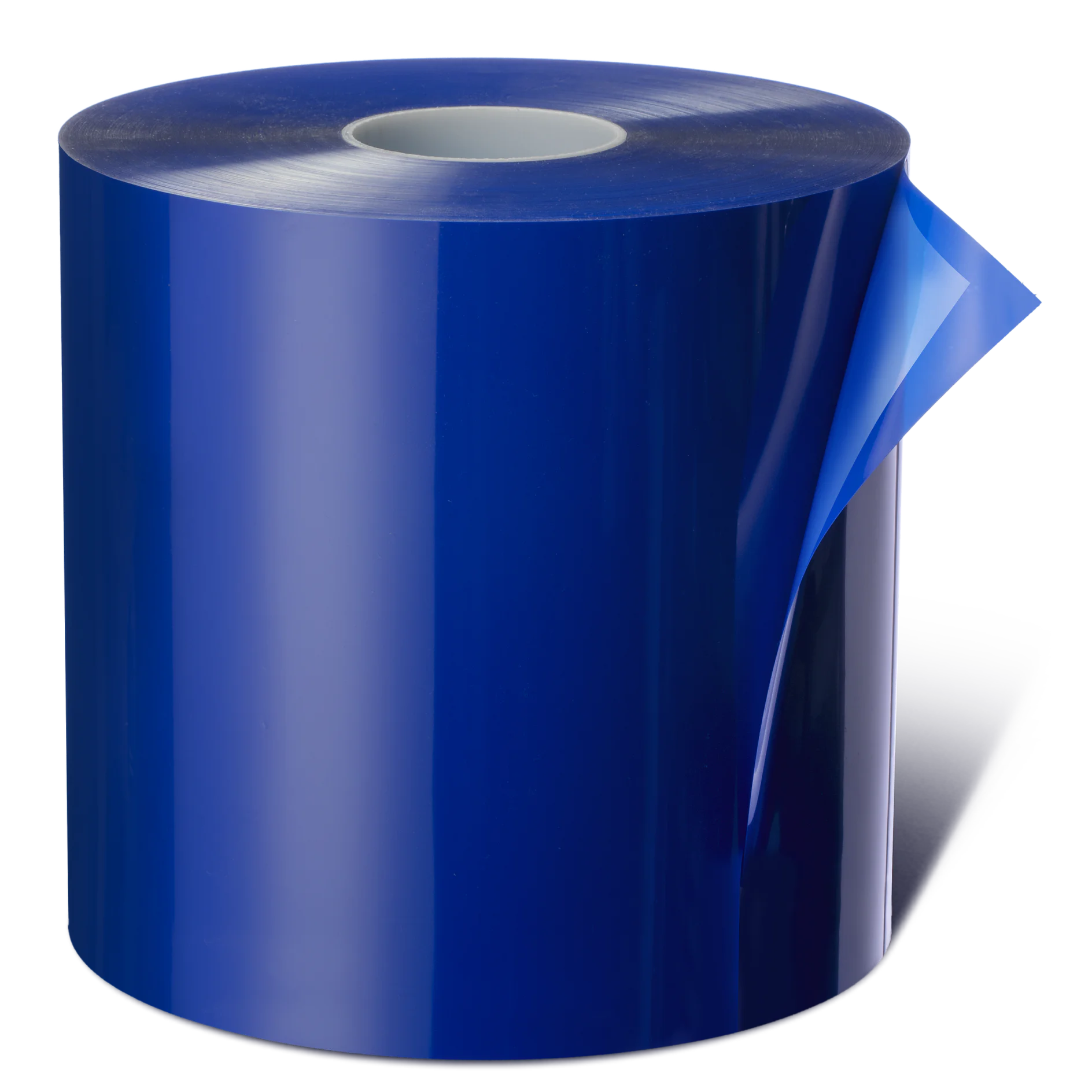 tesa-automotive-58655 A large blue roll of plastic film with a partially peeled corner is displayed against a white background, held in place by tesa tape. (This text has been generated by AI)