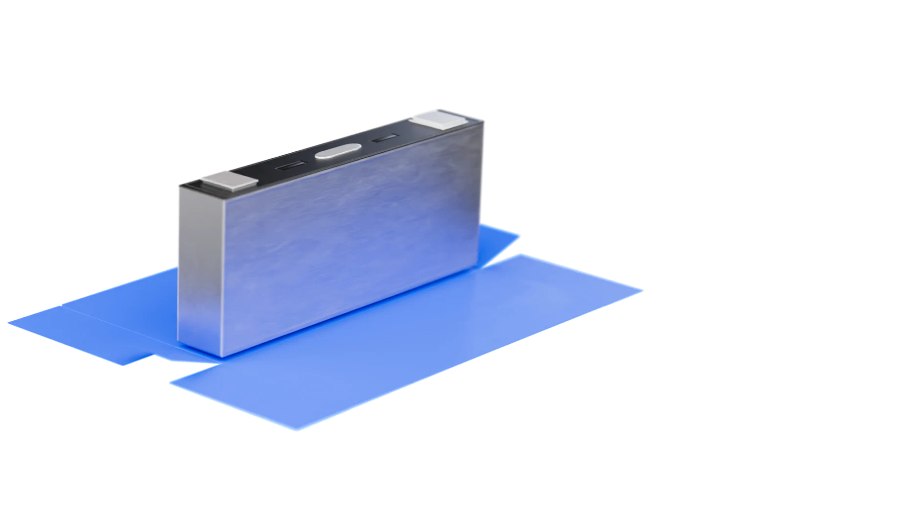 58655_2 A rectangular metal object stands on a glossy blue surface. The object has a silver finish with dark top and bottom edges, featuring two small rectangular protrusions on the upper side. The blue surface reflects light, creating a shadow. (This text has been generated by AI)