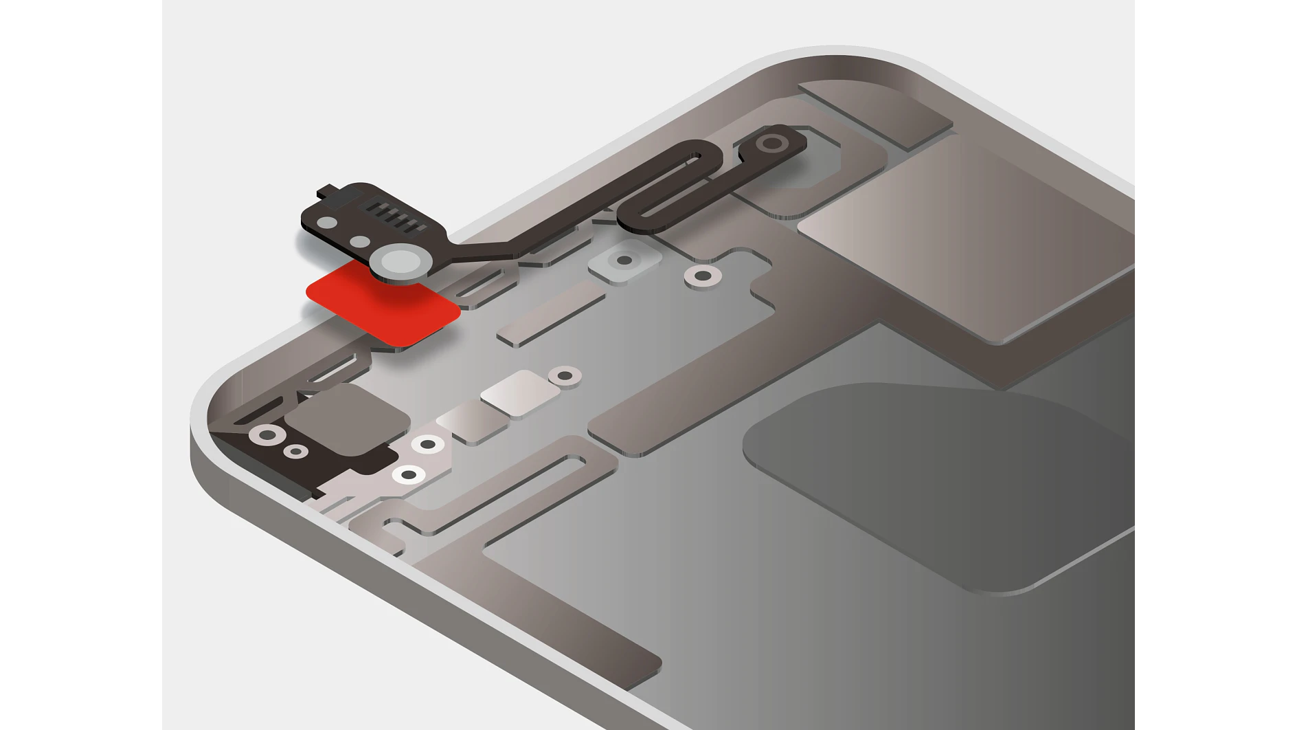 Illustration of a partially disassembled smartphone, showing internal components like circuitry and connectors. A red piece and a black lever mechanism are prominently visible near the top left corner, with tesa tape evident in securing certain parts. (This text has been generated by AI)