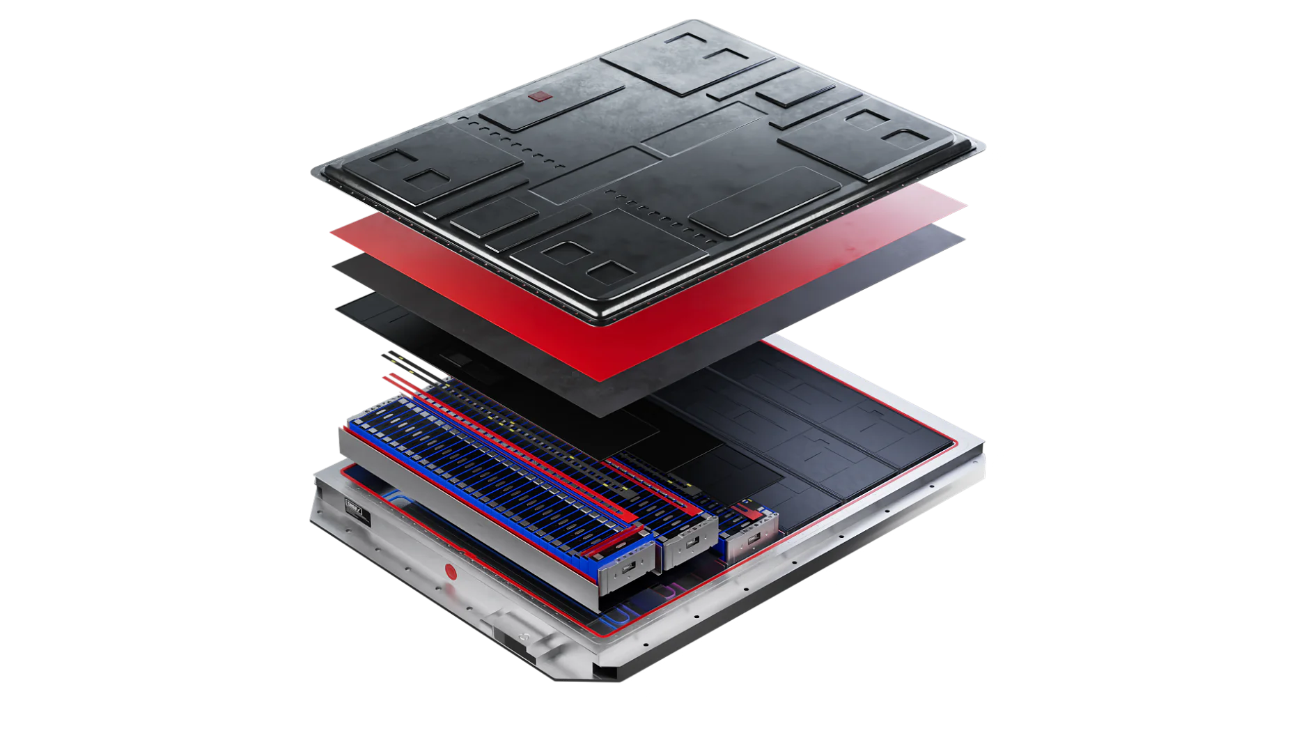 Exploded view of a battery pack showcasing various layers, including metal plates, insulation, and cell modules held together with tesa tape. Each layer is depicted in sequential order, illustrating the internal components and structure of the battery system. (This text has been generated by AI)