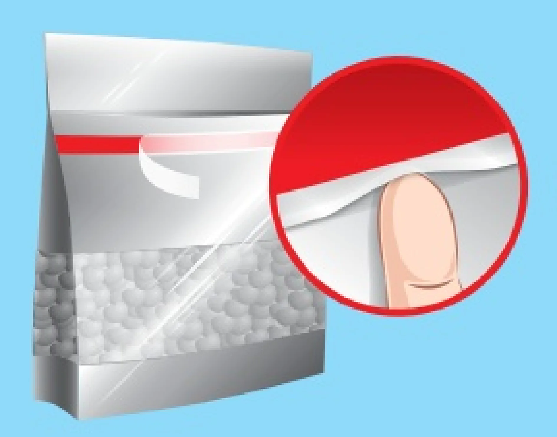Illustration of a resealable plastic bag with a red and white seal. A finger peels back the tesa tape adhesive strip in a close-up inset, demonstrating the sealing process. The bag contains small, round items and is set against a light blue background. (This text has been generated by AI)