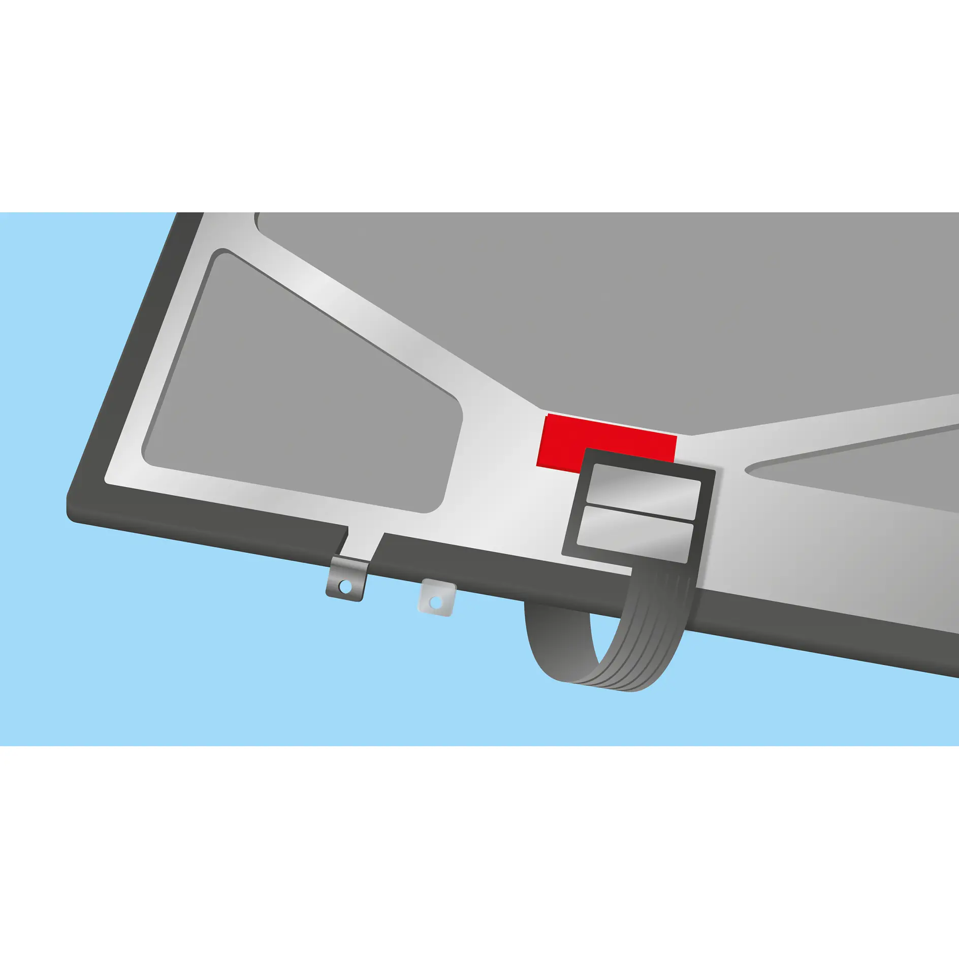 tesa branded gray and black electronic device with a red button on a blue background (This text has been generated by AI)