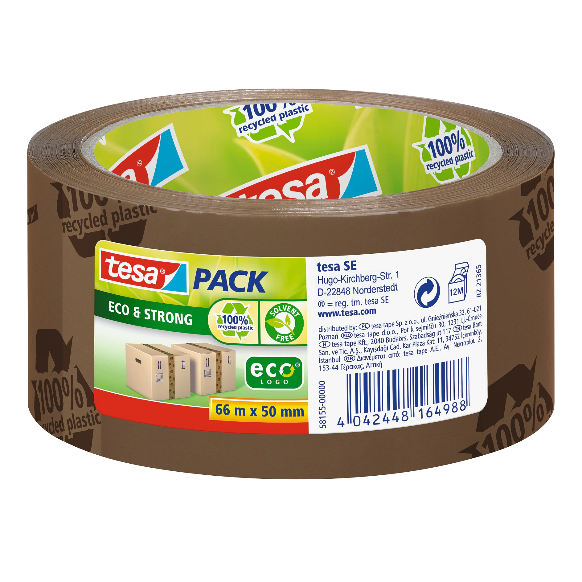 brown tesa pack eco & strong adhesive tape roll with eco-friendly labels and product details on a white background (This text has been generated by AI)