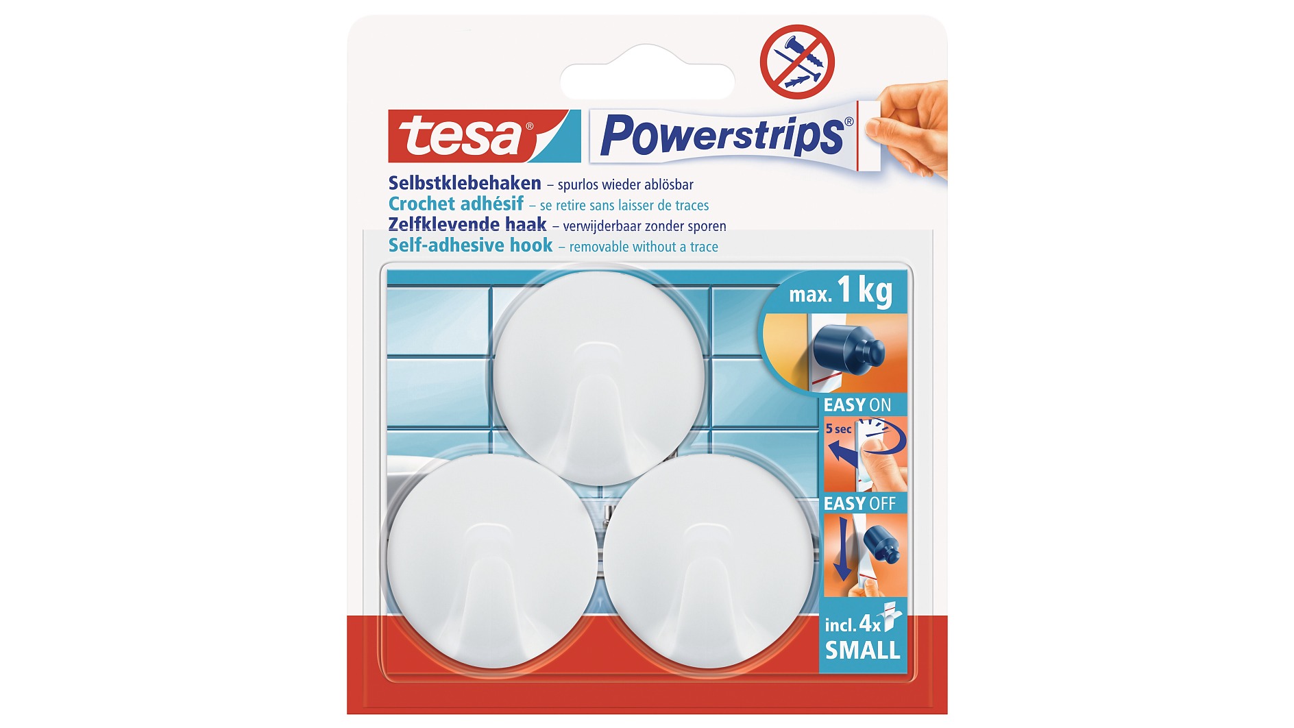 Tesa Powerstrips Hooks Small Round - Removable Self-Adhesive Wall Hook For Glass, Tiles, Wood, Plastic And Other Surfaces - Waterproof - Grey - Strong Hold Up To 1 Kg