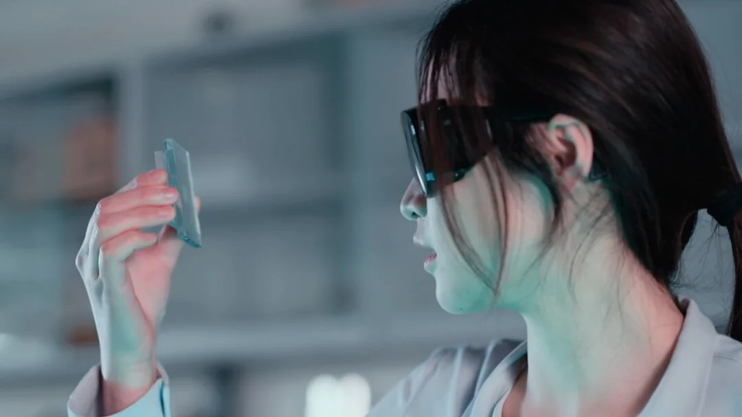 A person in a lab coat and safety glasses examines a thin, transparent rectangular object in a laboratory setting. Shelves and scientific equipment are blurred in the background, with the focus entirely on tesa tape. (This text has been generated by AI)