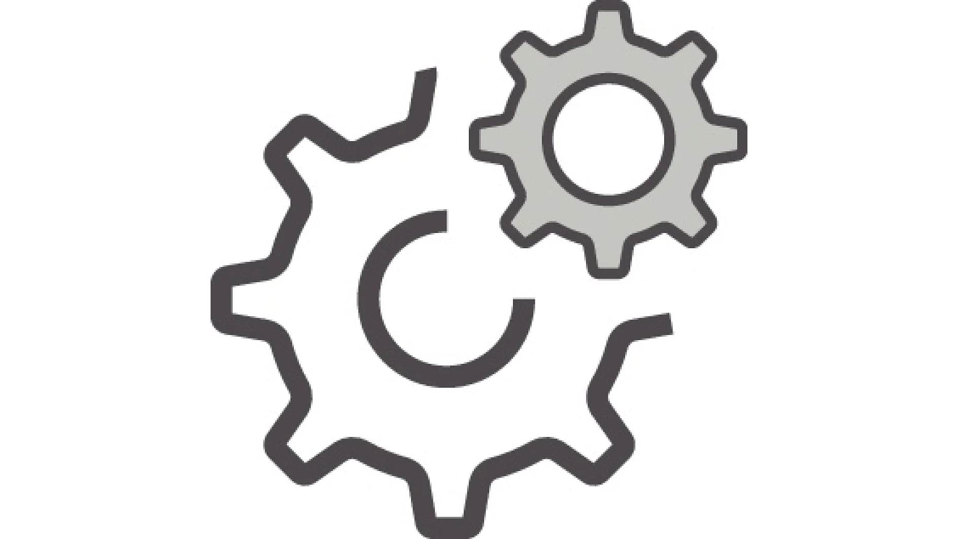 Two interlocking gray gears are depicted, one larger and one smaller. The larger gear is outlined in black, while the smaller gear is shaded in a lighter gray. The gears appear to be engaging at the top right corner. (This text has been generated by AI)