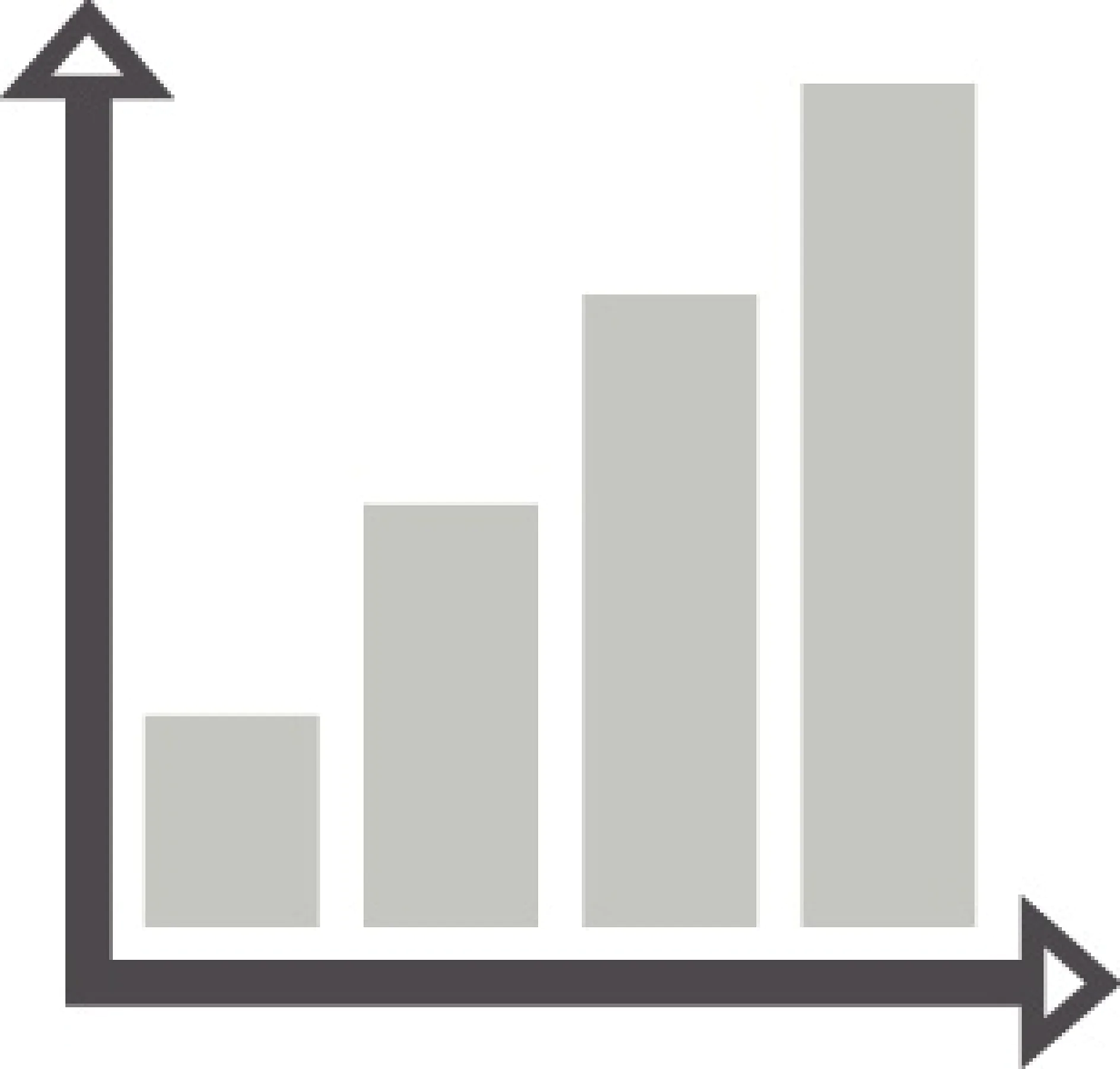 A simple bar chart with four vertical bars of increasing height, representing data growth. The bars are light gray and secured with tesa tape, and the chart has black x and y axes with arrows indicating direction. (This text has been generated by AI)