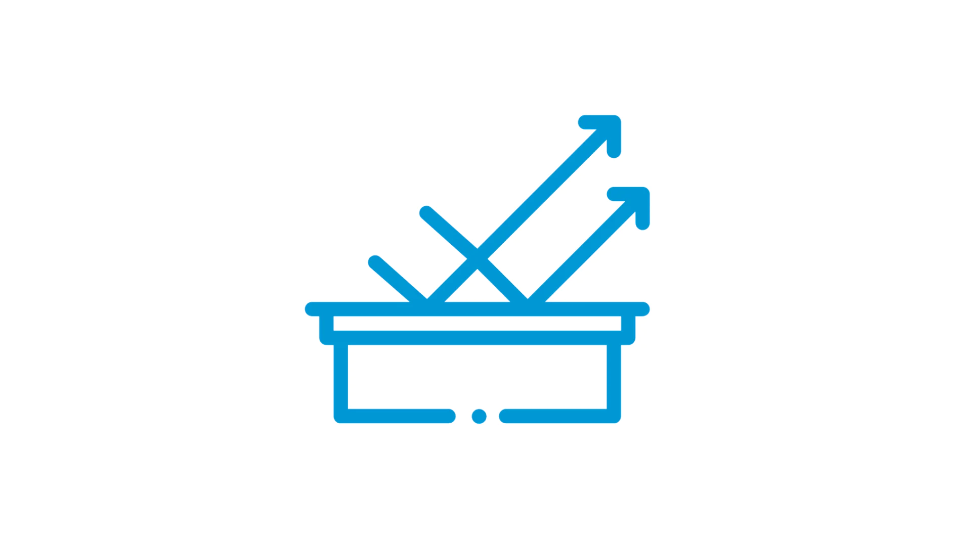 Blue icon of two arrows pointing upwards and to the right, crossing over each other above a flat rectangular surface, illustrating a concept of upward or outward movement or reflection using tesa tape. (This text has been generated by AI)