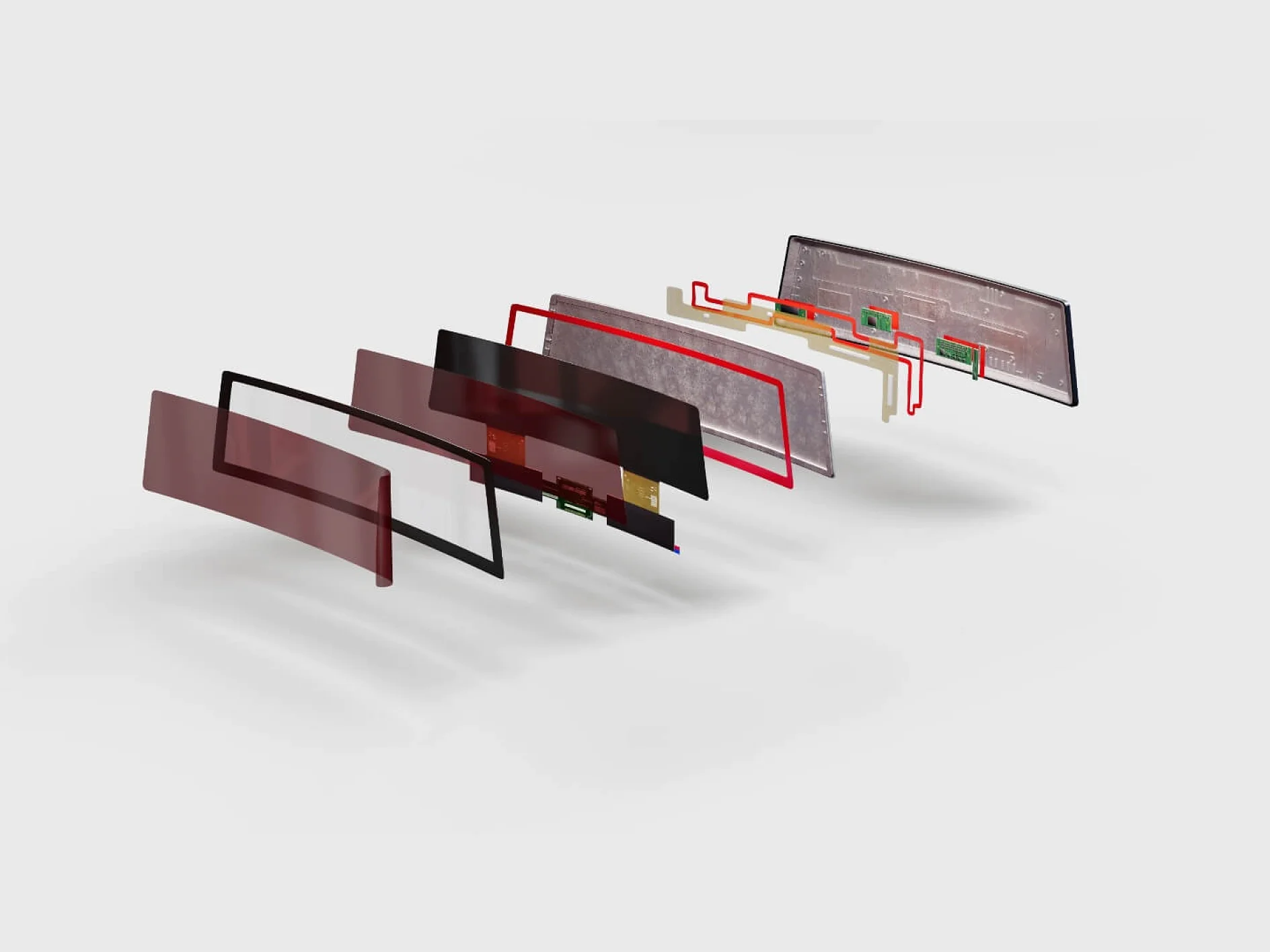 A 3D illustration depicting the layered components of a smartphone screen, separated and fanned out against a plain gray background. Each layer varies in color and opacity, ranging from solids to transparent materials with circuits. (This text has been generated by AI)