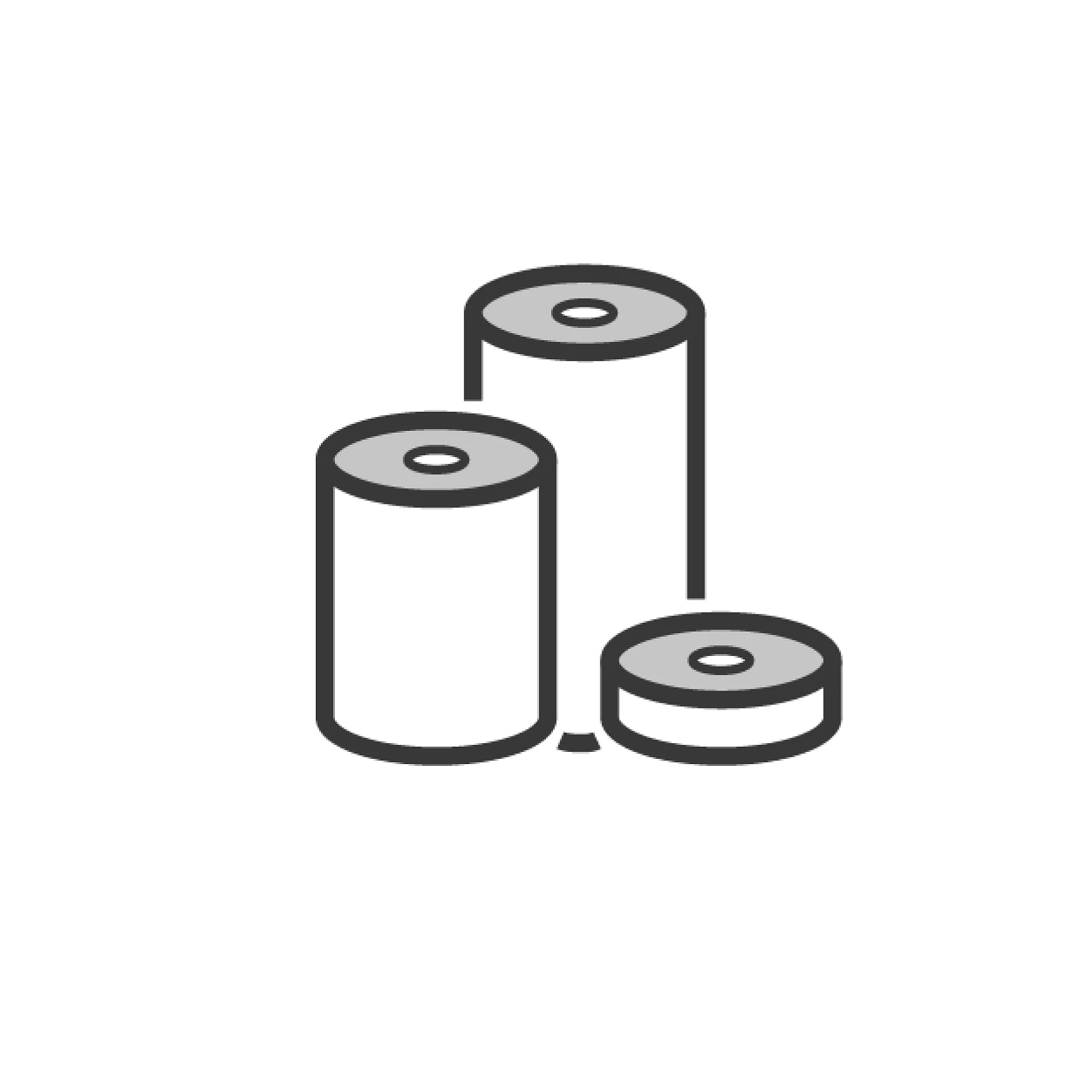 Illustration of three cylindrical objects. Two larger cylinders are upright, and one is on its side. Each has a circle on top and bottom, with a solid black outline and gray fill. (This text has been generated by AI)