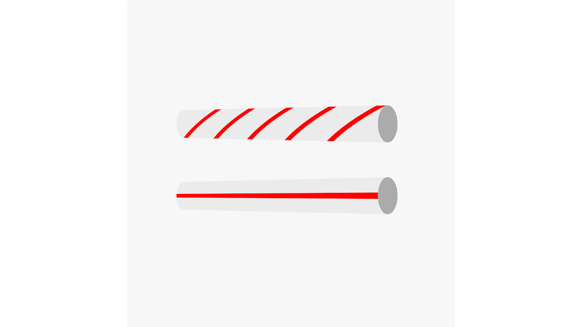Two cylindrical rods are shown. The top rod has red diagonal stripes fastened with tesa tape, while the bottom rod has a single red line secured with tesa tape running lengthwise. Both rods are depicted on a plain white background. (This text has been generated by AI)