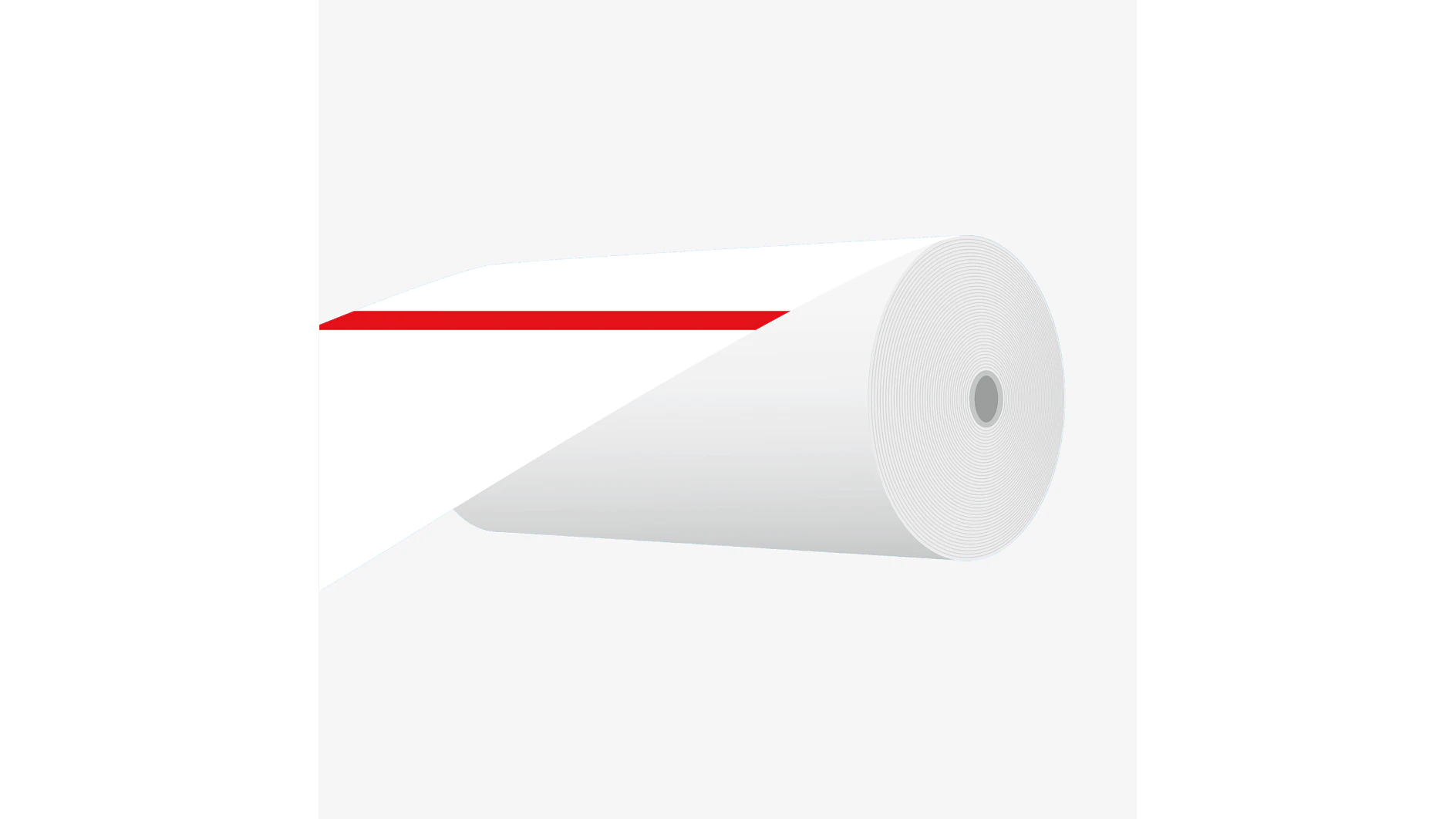 A large roll of white paper is partially unrolled, displaying a single red stripe running horizontally across its width. The roll is positioned at a slight angle, with the tail end of the paper secured using tesa tape. (This text has been generated by AI)