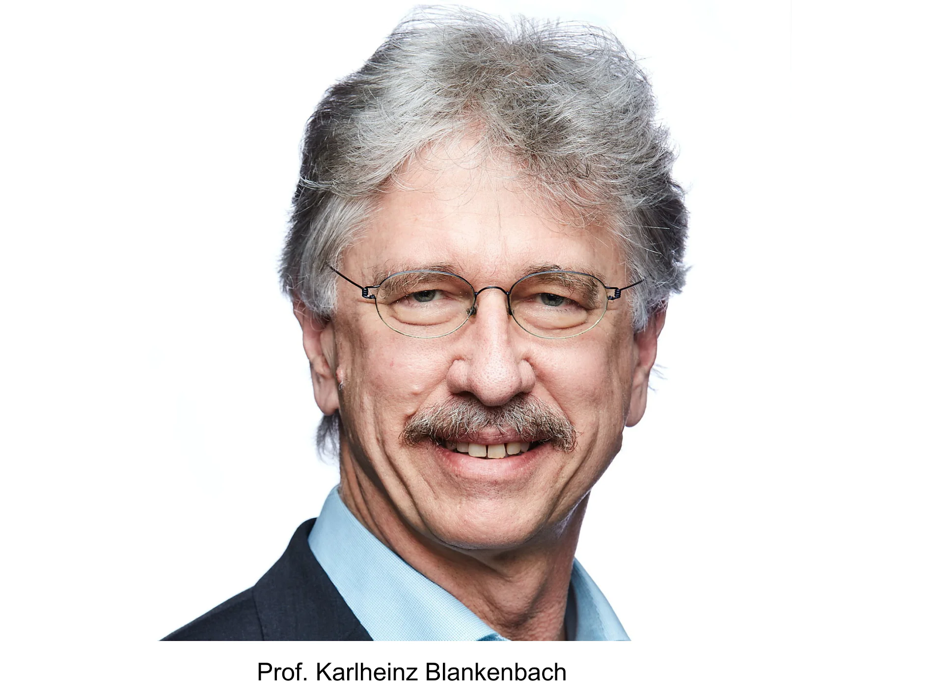 A man with gray hair, wearing glasses and a suit, is smiling against a white background. Text below reads Prof. Karlheinz Blankenbach. (This text has been generated by AI)