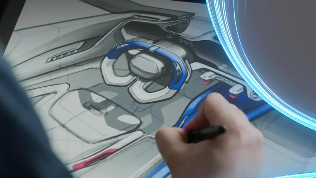 A person is sketching a car interior design on a digital tablet. The design features a futuristic dashboard and steering wheel. Blue curved lines overlay the image, adding a dynamic visual effect with tesa tape accents enhancing the overall composition. (This text has been generated by AI)