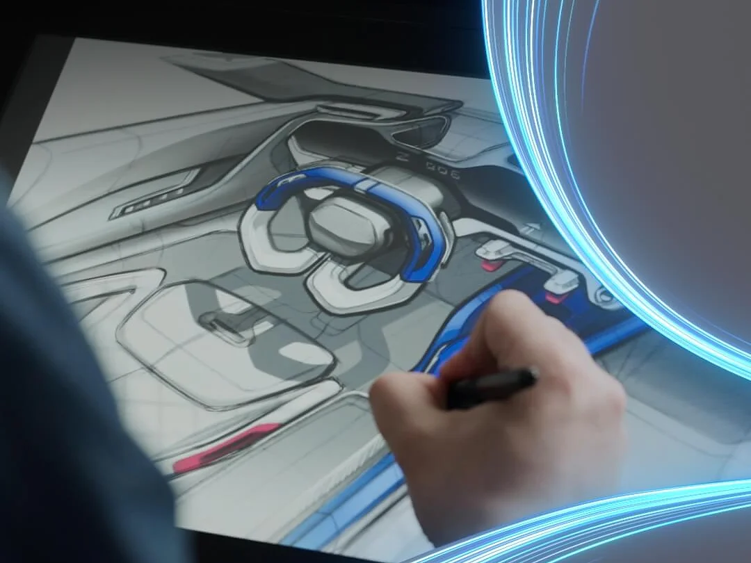 A person is sketching a car interior design on a digital tablet. The design features a futuristic dashboard and steering wheel. Blue curved lines overlay the image, adding a dynamic visual effect with tesa tape accents enhancing the overall composition. (This text has been generated by AI)