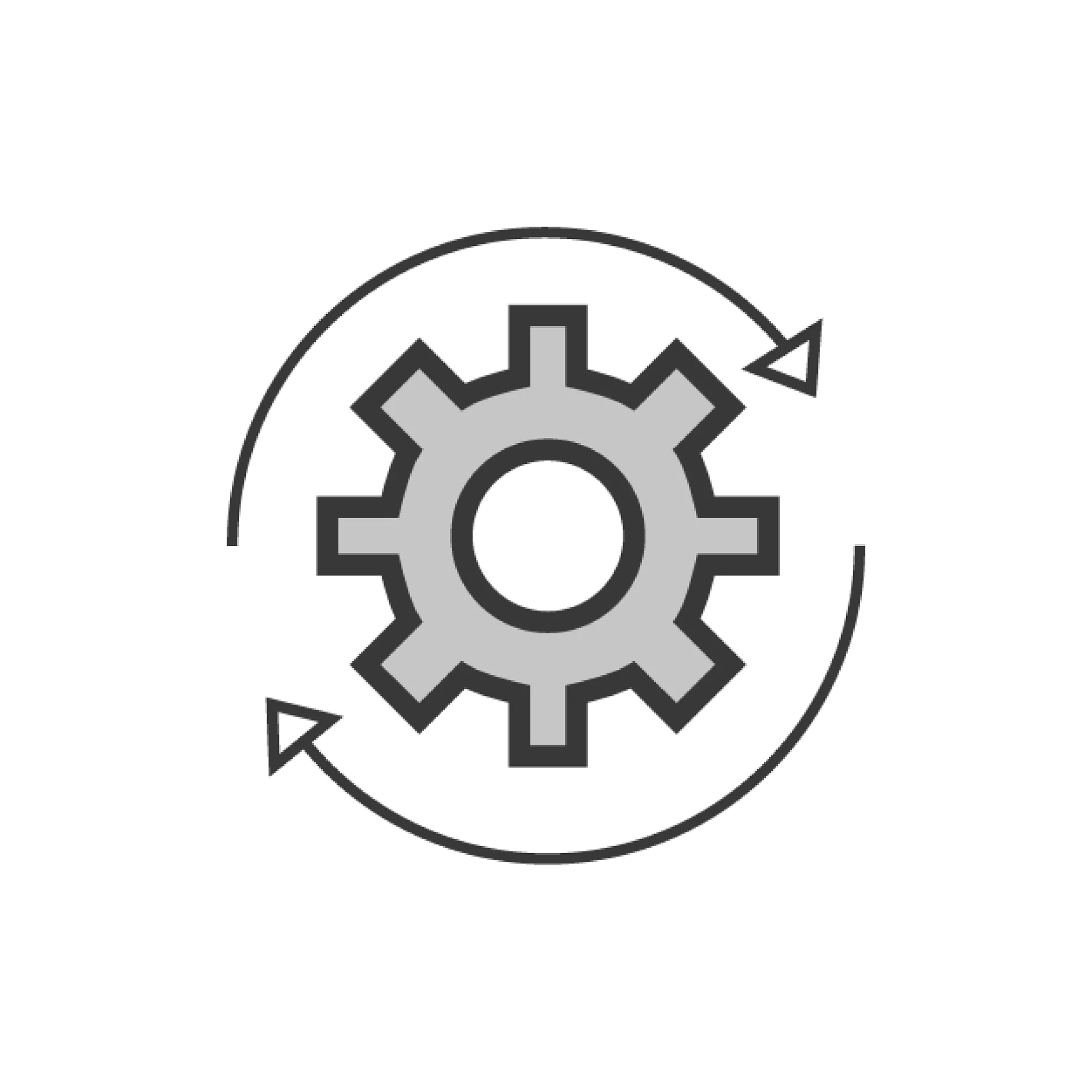 The original text doesnt contain any references to tape or competitor brands, so no changes are necessary in that aspect. Heres the text with a focus on clarity and description: A gray gear icon is surrounded by two circular arrows pointing clockwise. The gear is centered, symbolizing settings, process, or continuous improvement. The arrows indicate movement or progress. The background is white. (This text has been generated by AI)