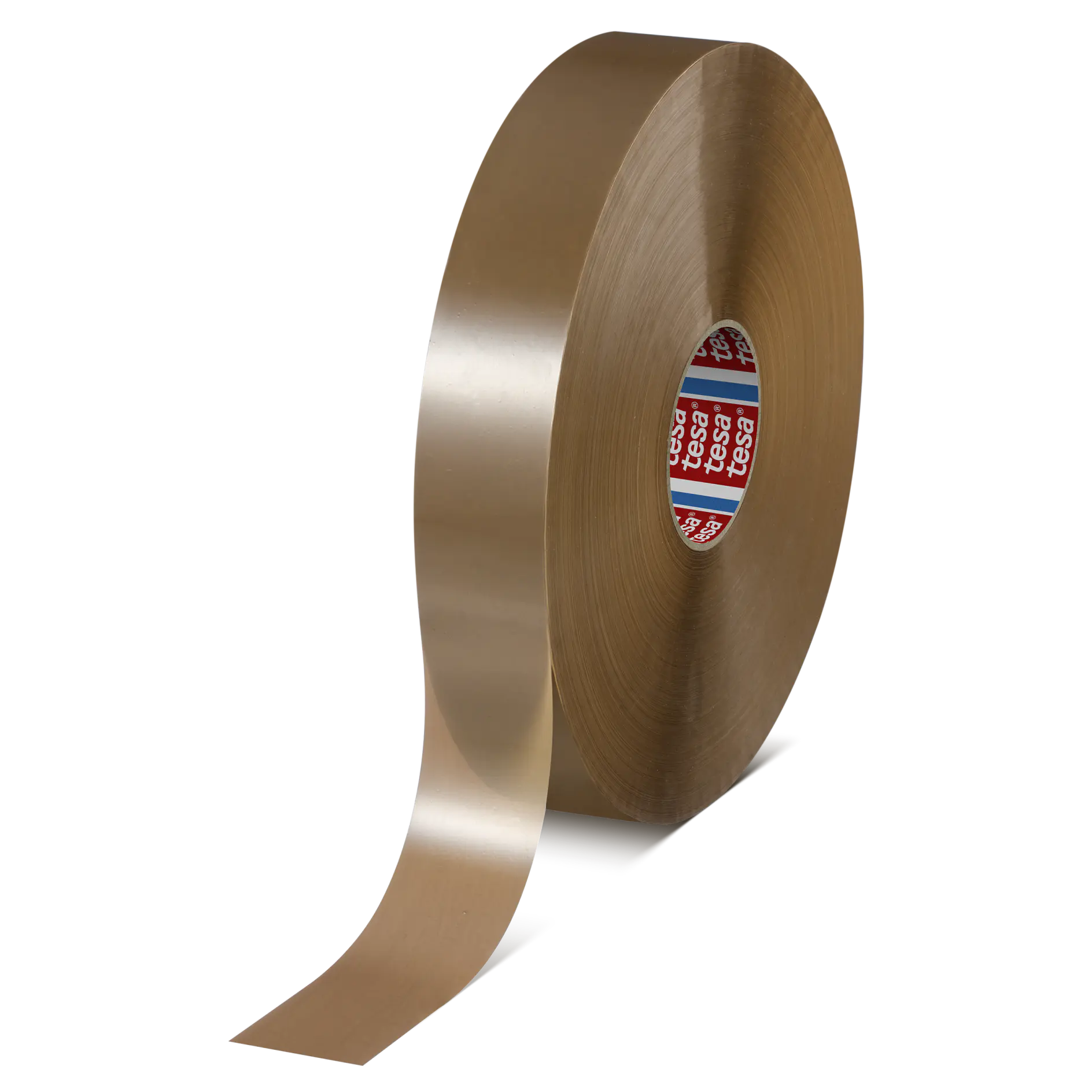 A large roll of adhesive tesa tape with a metallic surface is shown with some of the tesa tape unfurled and extending towards the foreground. The inner side of the roll displays red text on a white background. (This text has been generated by AI)