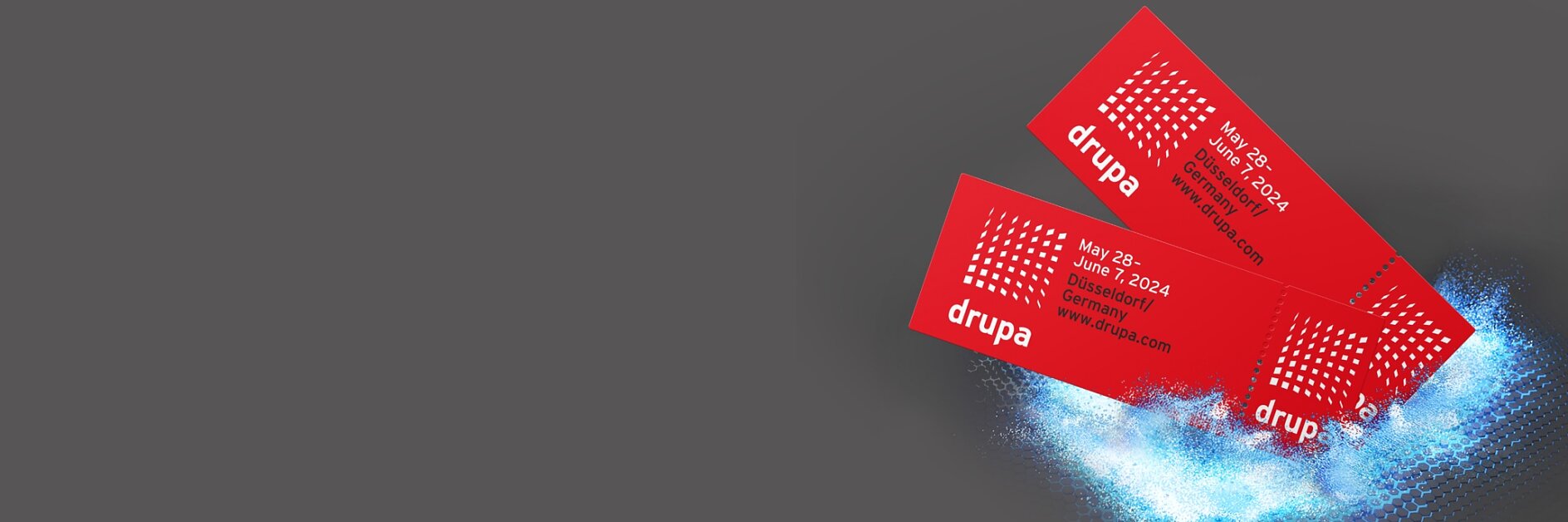Two red event tickets with the word drupa are secured using tesa tape on a textured blue surface on the right side of the image. The background is a plain dark gray. (This text has been generated by AI)