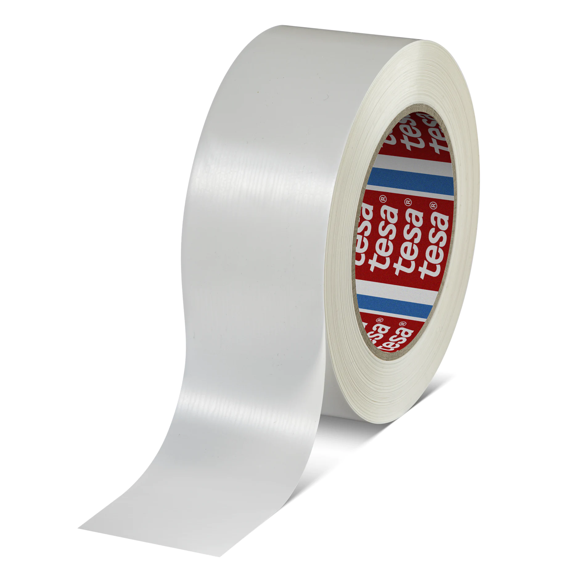 Roll of transparent tesa adhesive tape on a white background, partially unrolled with visible red and white branded core. (This text has been generated by AI)