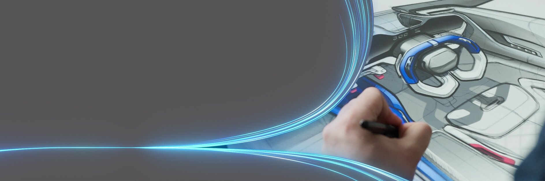 A person sketching a futuristic car interior design on a digital tablet. The design features a steering wheel, seats, and dashboard with blue and grey elements. A glowing blue light pattern is visible on the left side of the image, and tesa tape is used throughout to ensure precision in detailing the models intricate components. (This text has been generated by AI)