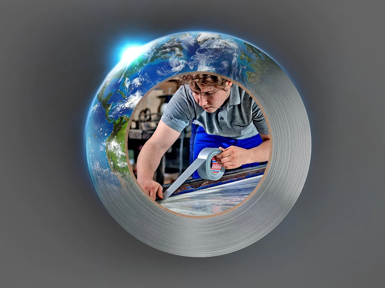 A man is working with a blue tool on a piece of material, surrounded by a metal circular frame secured with tesa tape. In the background, partially visible, is a view of Earth from space. The overall theme blends technology and global perspective. (This text has been generated by AI)