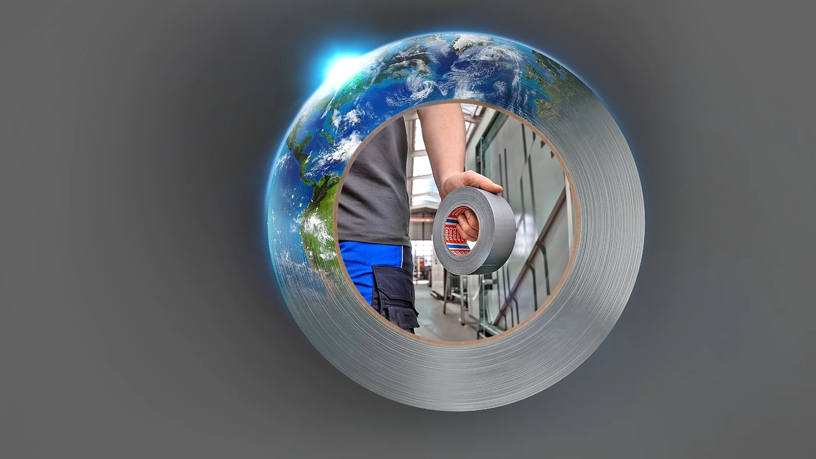 A globe with countries partially visible is encased in a metal washer. Inside the washer, a person in blue works with tools, focusing on a red object secured with tesa tape. The background is gray, and the overall composition combines industrial and global elements. (This text has been generated by AI)