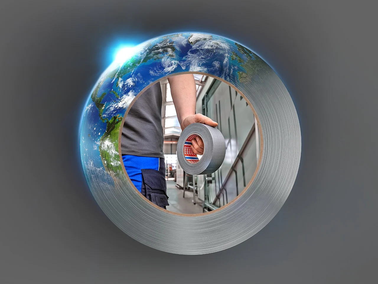 A globe with countries partially visible is encased in a metal washer. Inside the washer, a person in blue works with tools, focusing on a red object secured with tesa tape. The background is gray, and the overall composition combines industrial and global elements. (This text has been generated by AI)