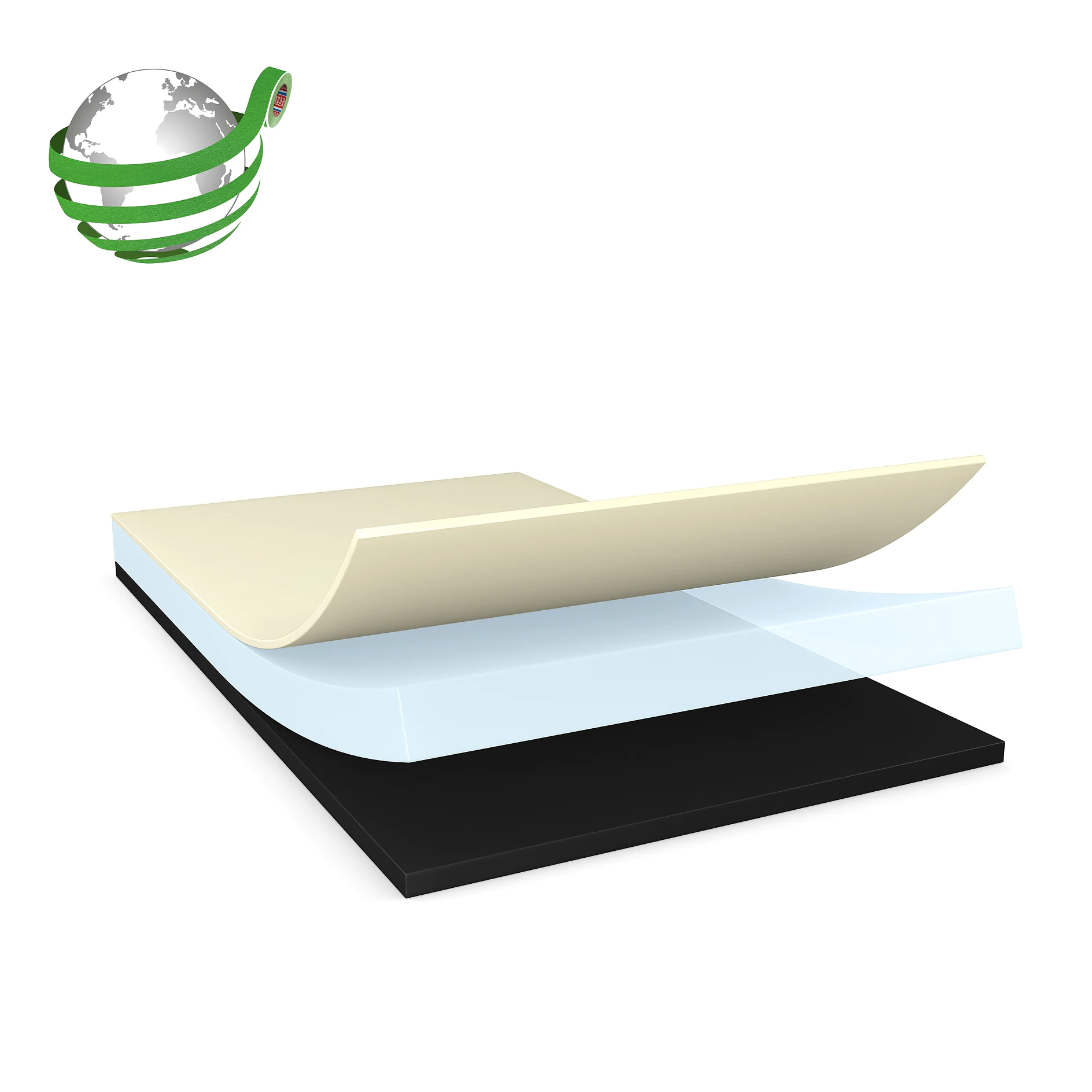 Layered sheets in beige, blue, and black stacked with a globe wrapped in green bands in the top left corner, representing material composition. (This text has been generated by AI)