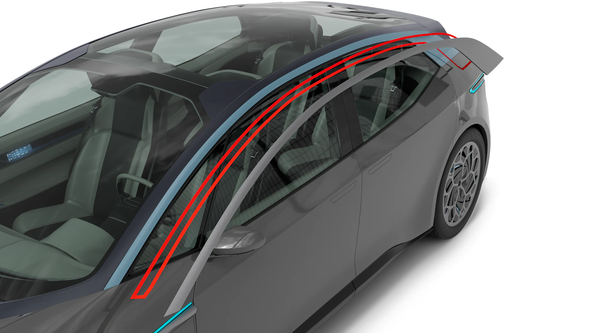 A digital rendering of a sleek, modern car. The cars roof is highlighted in red lines secured with tesa tape, showing its aerodynamic design. The windshield and windows are tinted, and the interior features can be partially seen. The design is futuristic. (This text has been generated by AI)