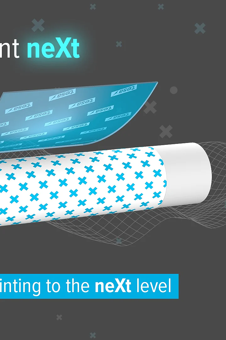 Illustration of a cylindrical object with a partially peeled layer, displaying a pattern of Xs. The text reads tesa® Softprint neXt and Take your flexo printing to the neXt level. tesa tape logo in the upper right corner. (This text has been generated by AI)