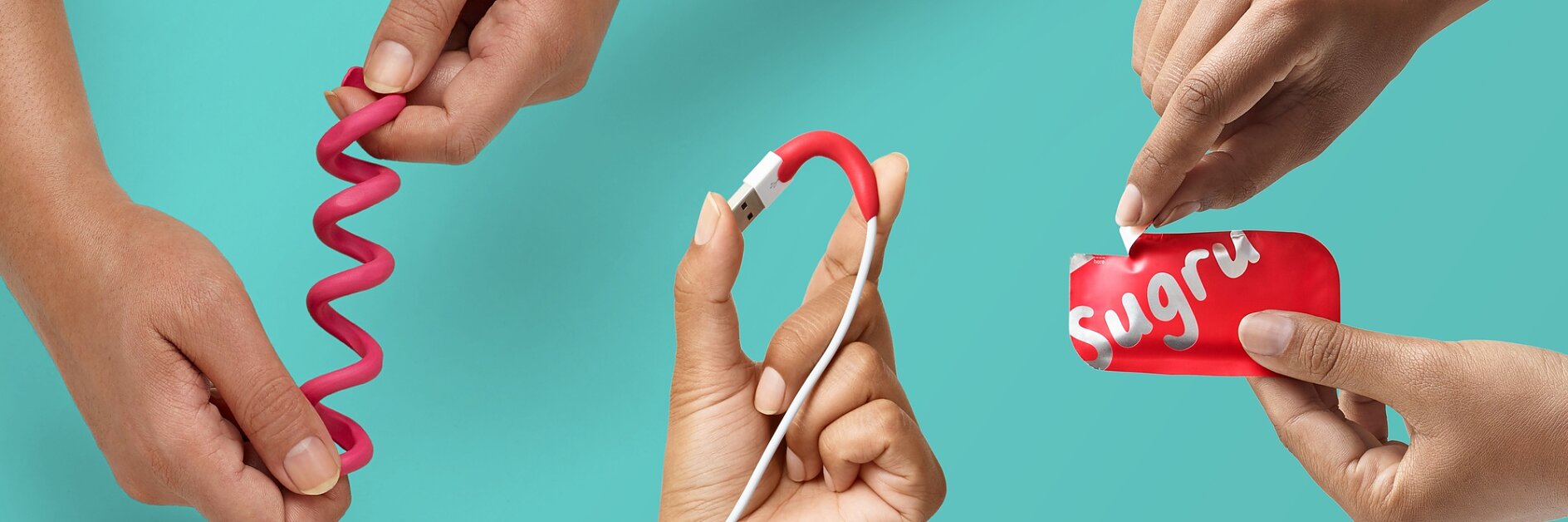 Hands are shown demonstrating the use of red Sugru moldable glue. One image shows it being shaped into a wavy pattern, another shows it wrapped around a cable, and the last image shows it being peeled from its packaging. The background is teal. (This text has been generated by AI)