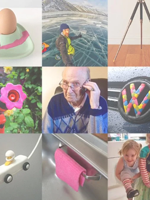 Collage of various images, including pets, footwear, a tripod on a beach, people, a boat, a decorated tesa tape roll, plant decor, and colorful objects. Each image depicts a unique scene or item against diverse backgrounds. (This text has been generated by AI)