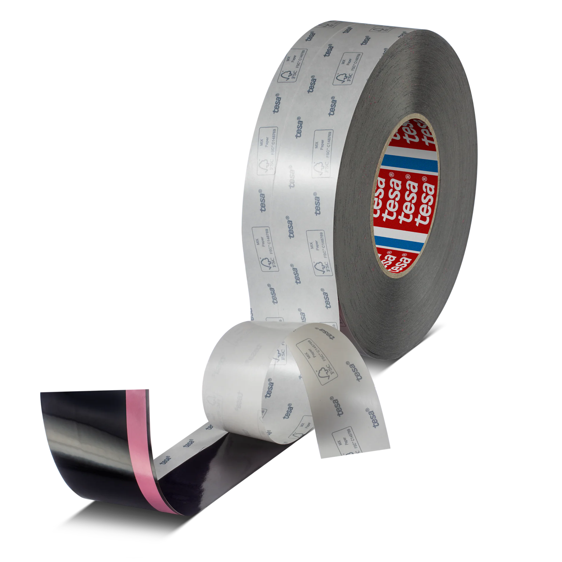 A roll of double-sided adhesive tesa tape with one end partially unrolled, showing the backing and adhesive side. The tape core displays a red and blue design with the brand name. (This text has been generated by AI)