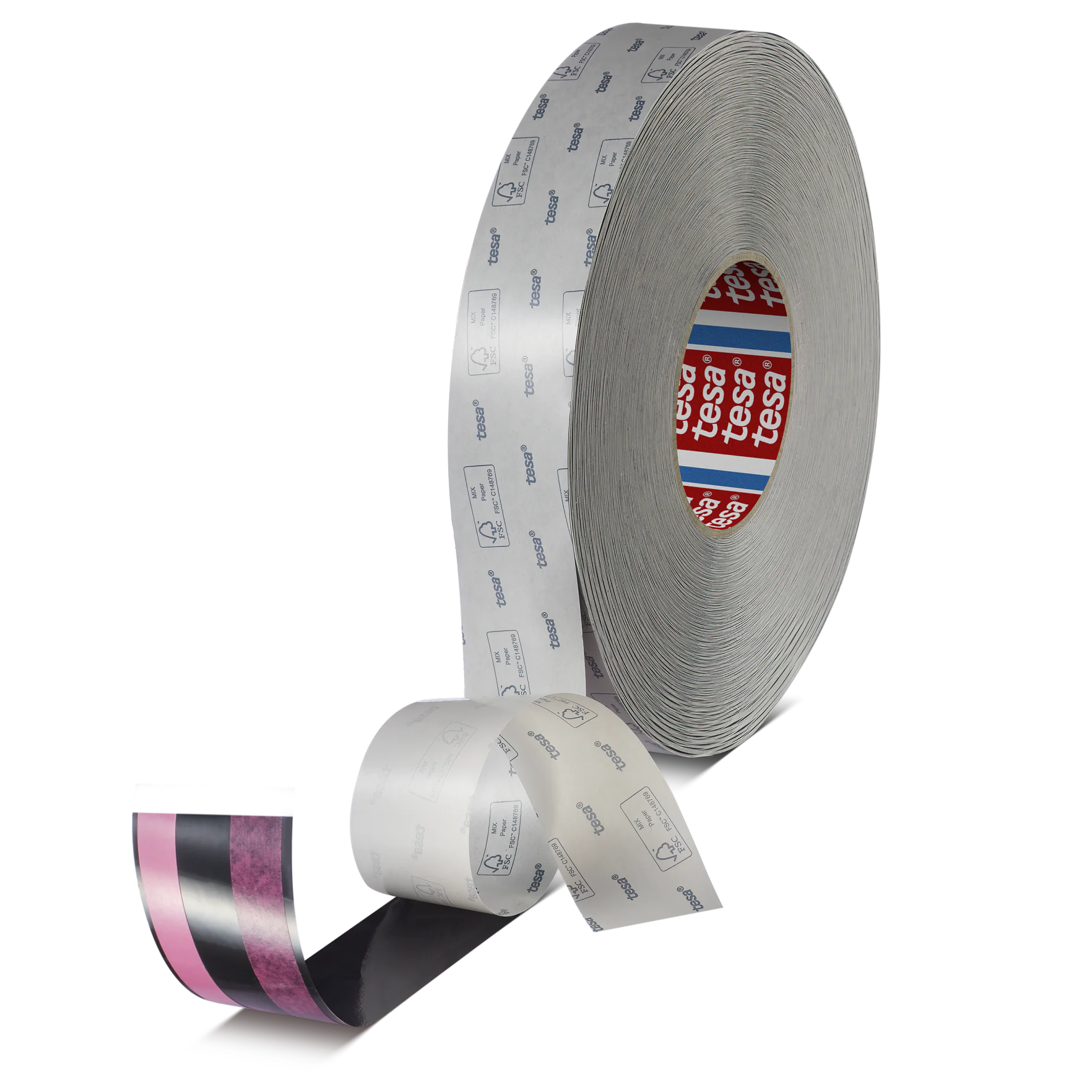 A large roll of clear adhesive tesa tape with printed text on it. An unspooled section of the tesa tape extends outward. The interior of the roll is red with white text. The design suggests industrial or commercial use. (This text has been generated by AI)