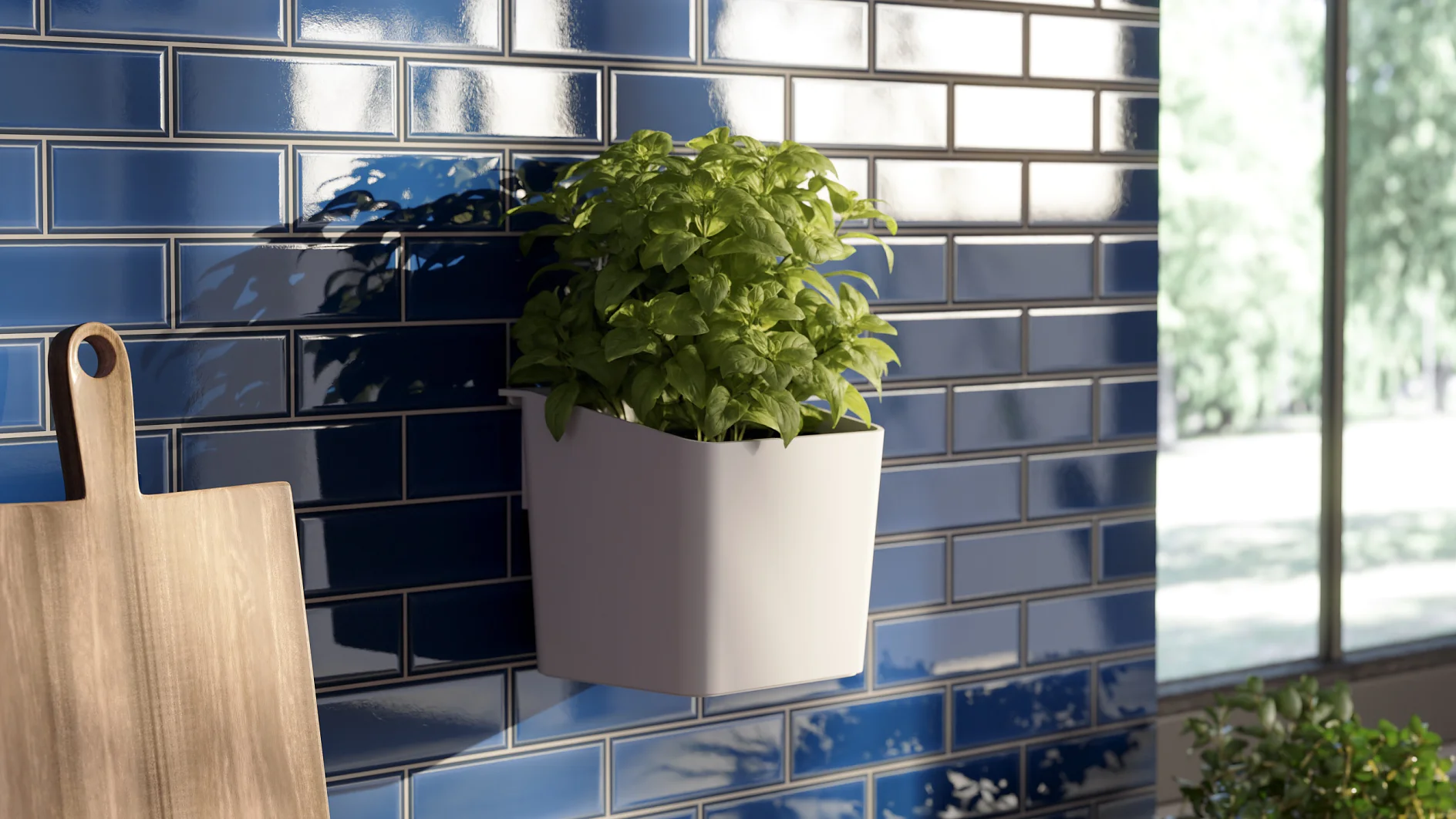A small, lush green plant is in a white rectangular wall planter on a shiny blue tiled wall, secured neatly with tesa tape. Sunlight casts a shadow of the plant. A wooden cutting board is partially visible on the left. A window shows blurred greenery outside. (This text has been generated by AI)