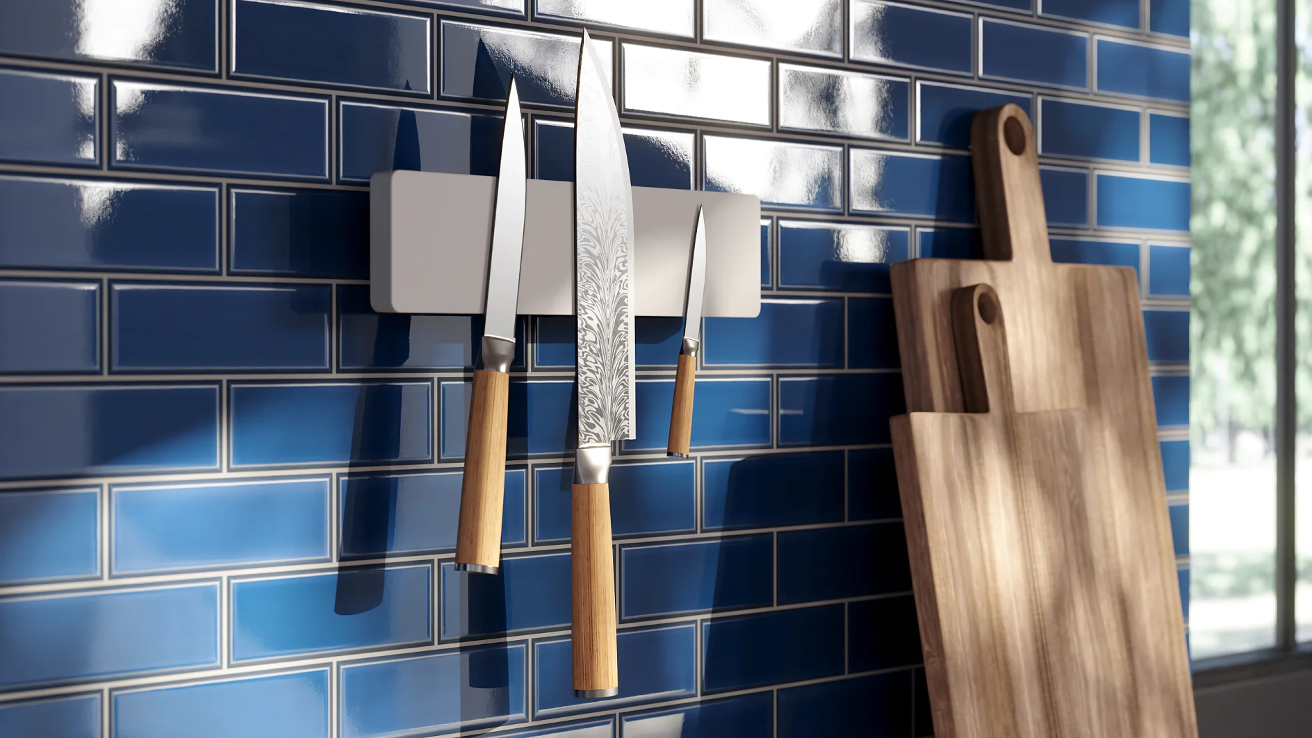 A set of four knives with wooden handles is displayed vertically on a magnetic strip mounted on a blue tiled kitchen wall. To the right, two wooden cutting boards are affixed to the wall using tesa tape near a window. (This text has been generated by AI)