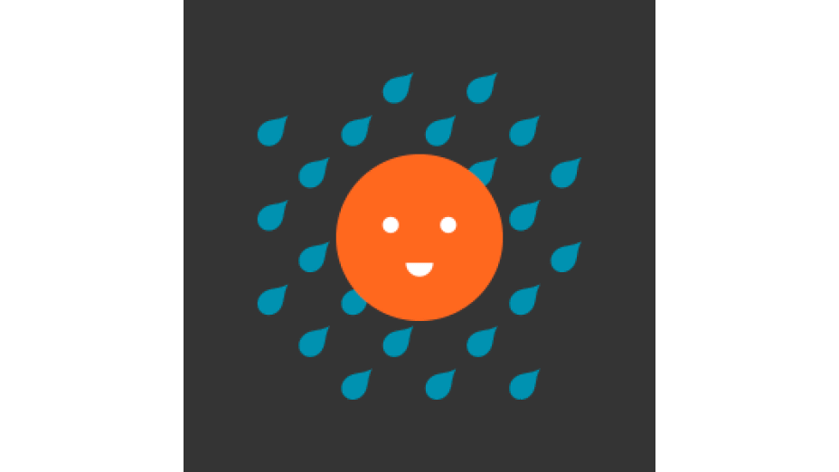 An orange smiling face is in the center of the image, surrounded by blue raindrops on a dark gray background. The face has two white eyes and a simple mouth. (This text has been generated by AI)