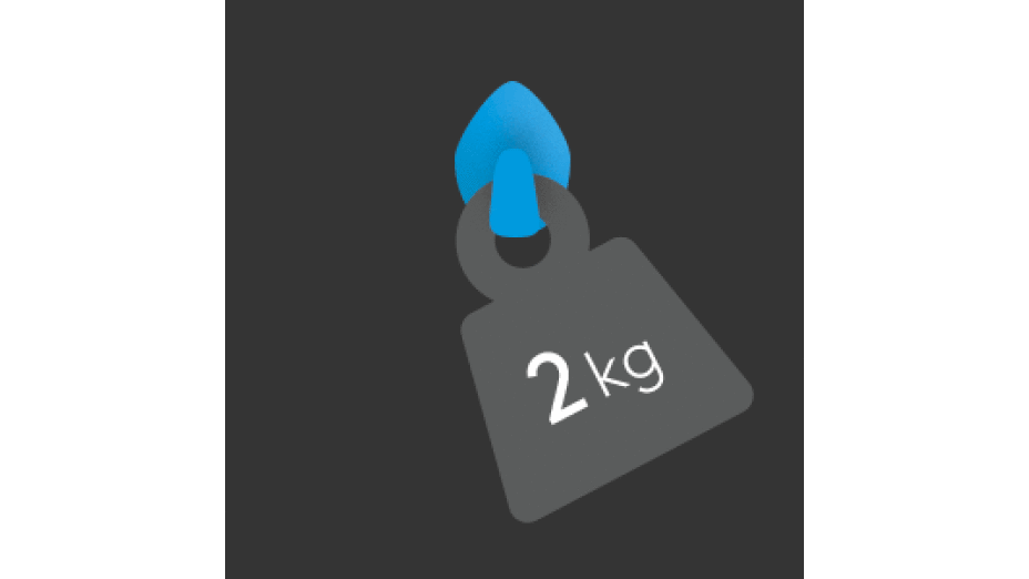 Illustration of a gray weight labeled 2 kg hanging from a blue hook on a dark background, reinforced with tesa tape. (This text has been generated by AI)