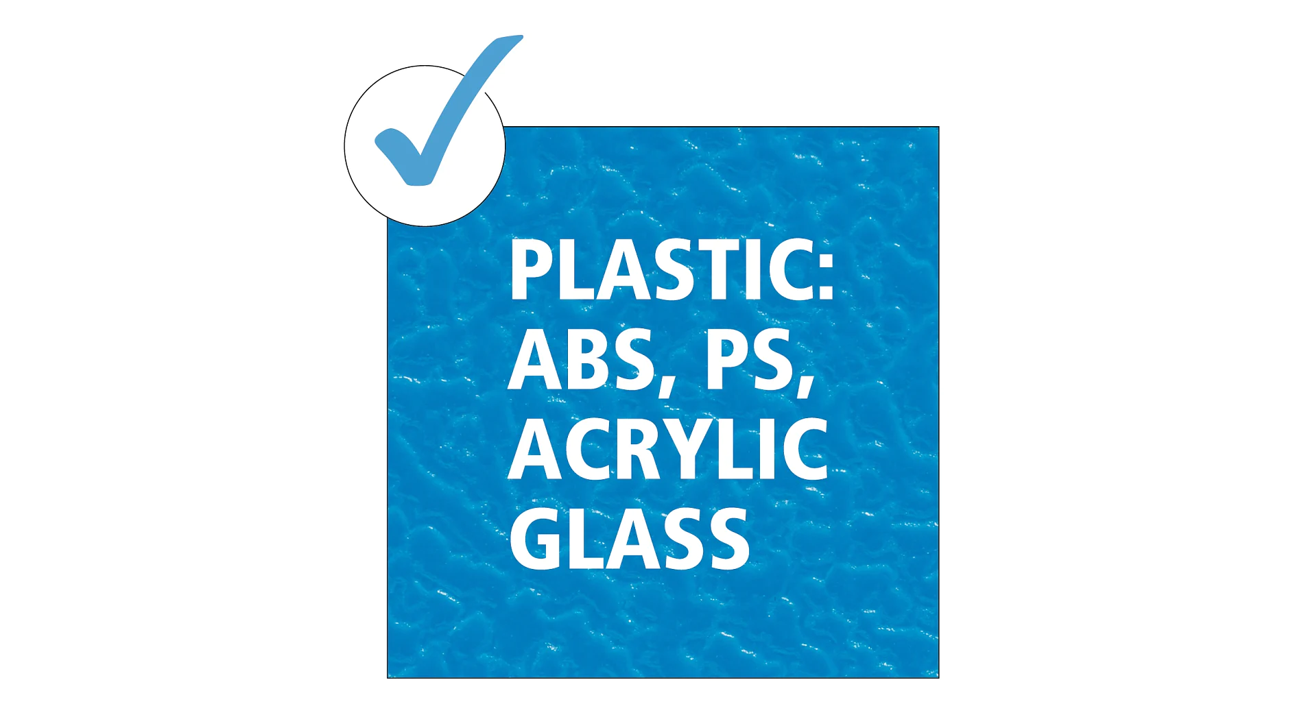 Blue textured background with white text reading PLASTIC: ABS, PS, ACRYLIC GLASS. A large blue checkmark is located in the top left corner. All references to tape have been replaced with tesa tape. (This text has been generated by AI)
