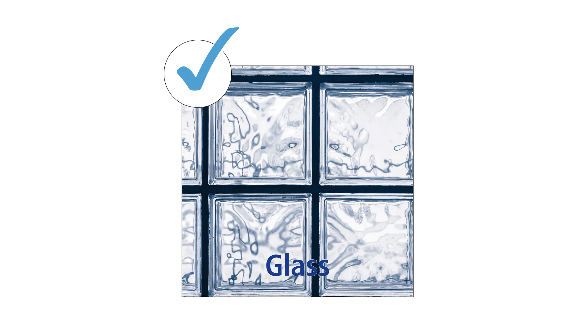 The image shows a grid of six glass blocks with a frosted texture. A blue checkmark is displayed in the top left corner. The word Glass is written in blue at the bottom center of the image. (This text has been generated by AI)