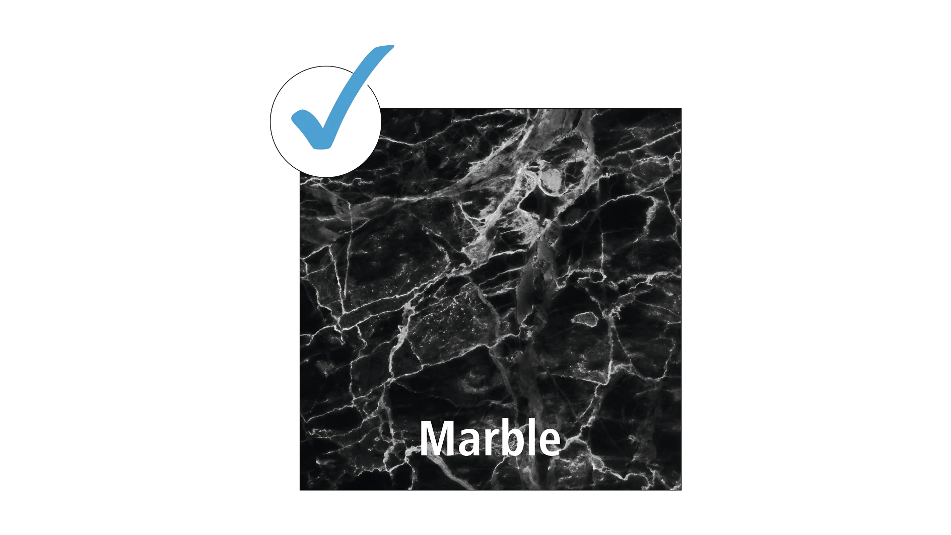 A square sample of black marble with white veins is labeled Marble. A blue checkmark icon is positioned in the top left corner of the image. (This text has been generated by AI)