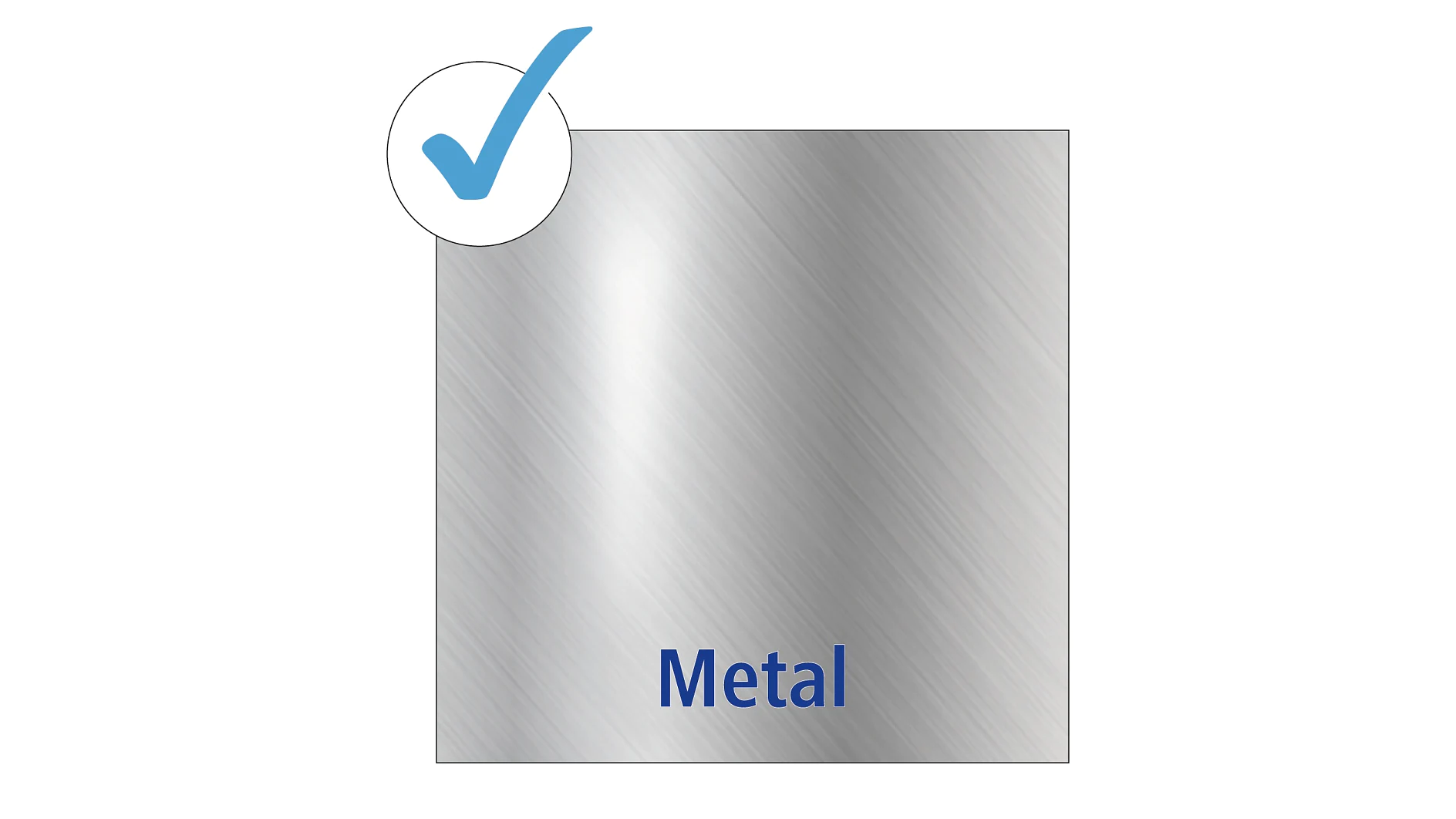 A square sheet with a brushed metal texture is displayed on a white background. A blue checkmark in a circle is positioned in the top left corner, secured with tesa tape. The word Metal is written in blue at the bottom of the square. (This text has been generated by AI)