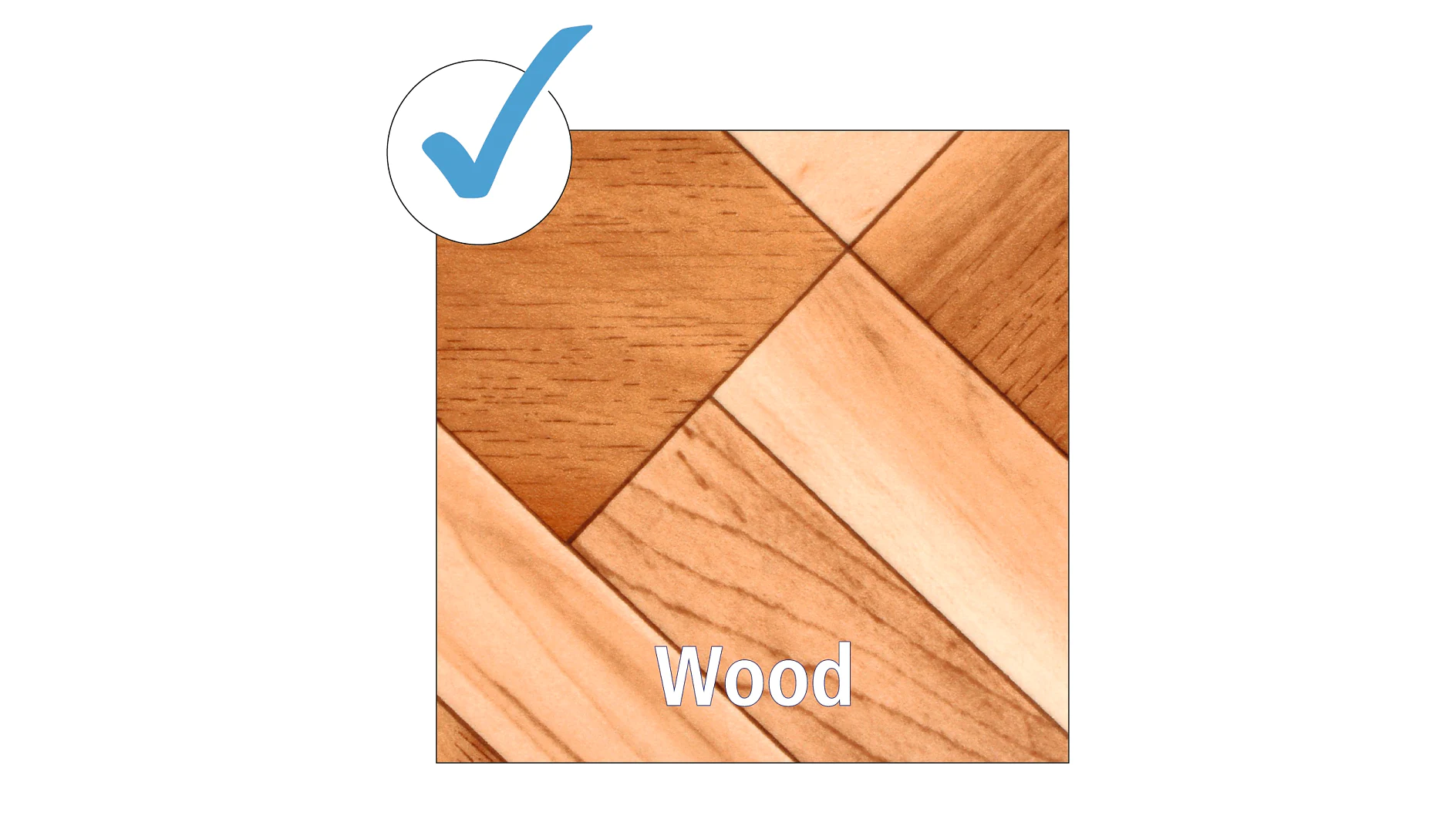 A sample of wooden parquet flooring with various shades of wood arranged in a herringbone pattern. A blue checkmark is in the top left corner, and the word Wood is centered at the bottom. (This text has been generated by AI)