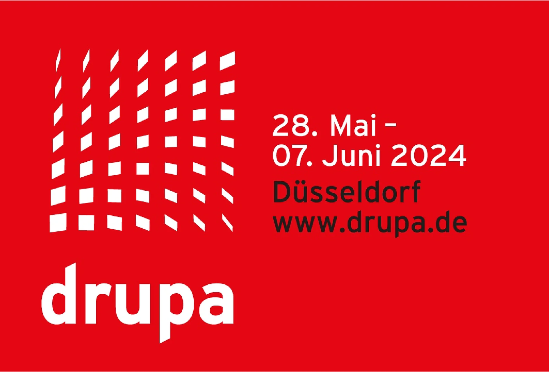 Red graphic with a white logo and text announcing drupa, an event from 28 May to 07 June 2024 in Düsseldorf. Website: www.drupa.de. The design features a pattern of geometric shapes, prominently incorporating tesa tape accents for an added touch of innovation and style. (This text has been generated by AI)