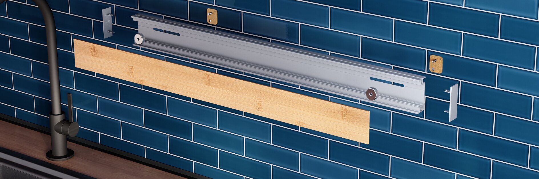 A kitchen sink backsplash with blue subway tiles features an installed rail system. The rail includes hooks for hanging objects and a wooden holder, secured in place using tesa tape. A black kitchen faucet and sink are partially visible on the left. (This text has been generated by AI)