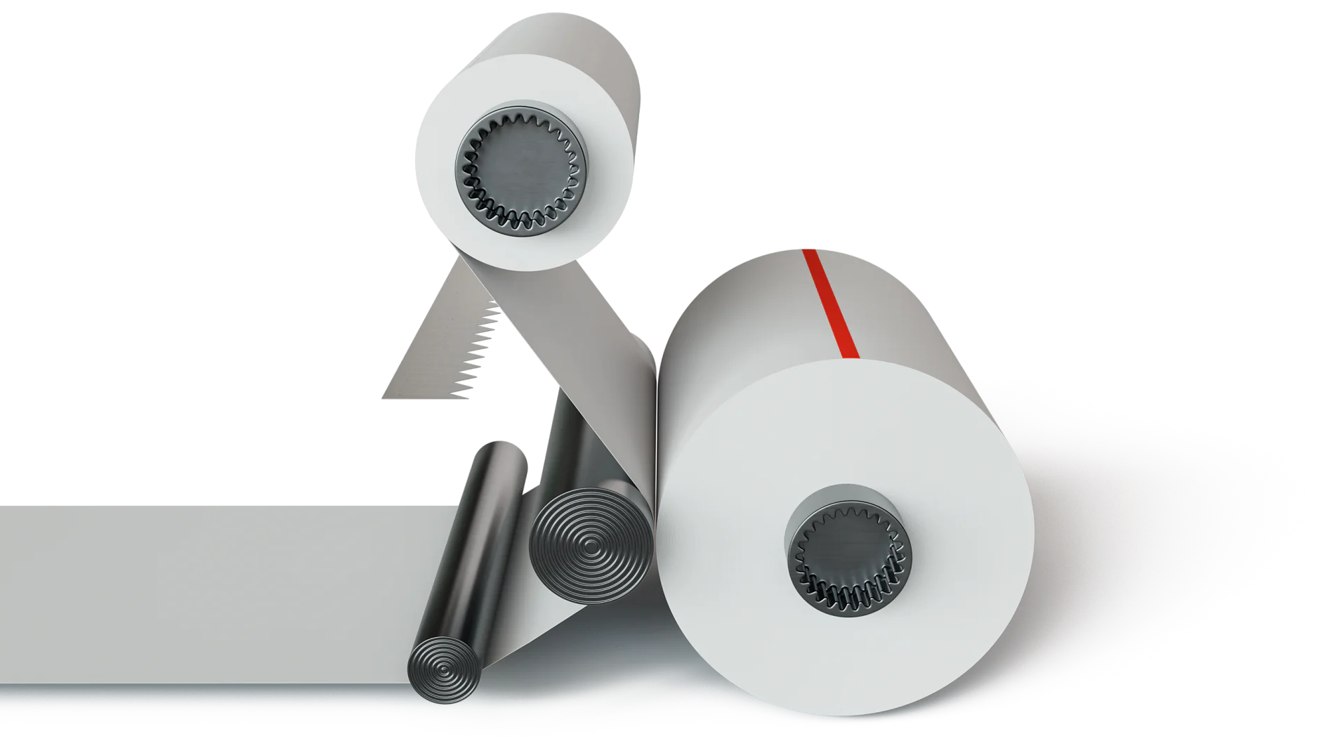 Illustration of a film winding machine with two large rolls. One roll is unwinding while the other is winding up the material. The film passes over a smaller cylindrical guide. The right roll features a red stripe of tesa tape. (This text has been generated by AI)