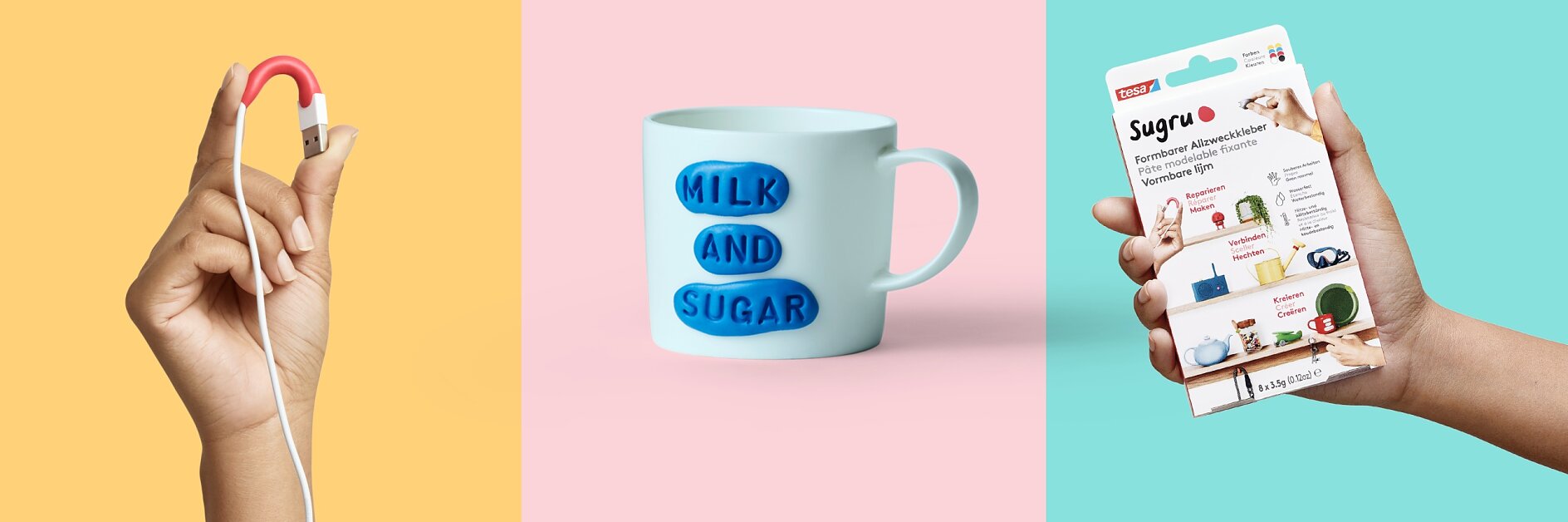 A three-panel image on colored backgrounds. Left: Hand holding a red magnet. Center: White mug with Milk and Sugar text. Right: Hand holding a packet of tesa tape labeled Preserve memories forever. (This text has been generated by AI)