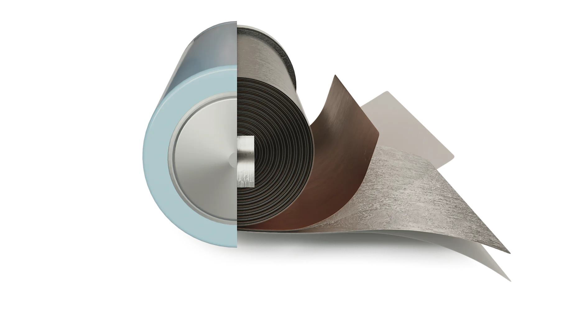 Cross-sectional rendering of a cylindrical battery, showing multiple layers in its structure. These include spiral-wound components indicating the cathode, anode, separator, and electrolyte layers typical in a lithium-ion battery design, all secured by tesa tape. (This text has been generated by AI)