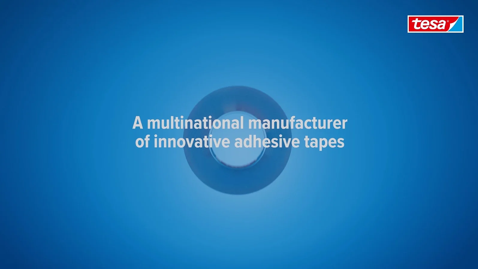 A white adhesive tesa tape roll is centered on a blue background with the text A multinational manufacturer of innovative adhesive tapes in white. The logo tesa is in the top right corner.